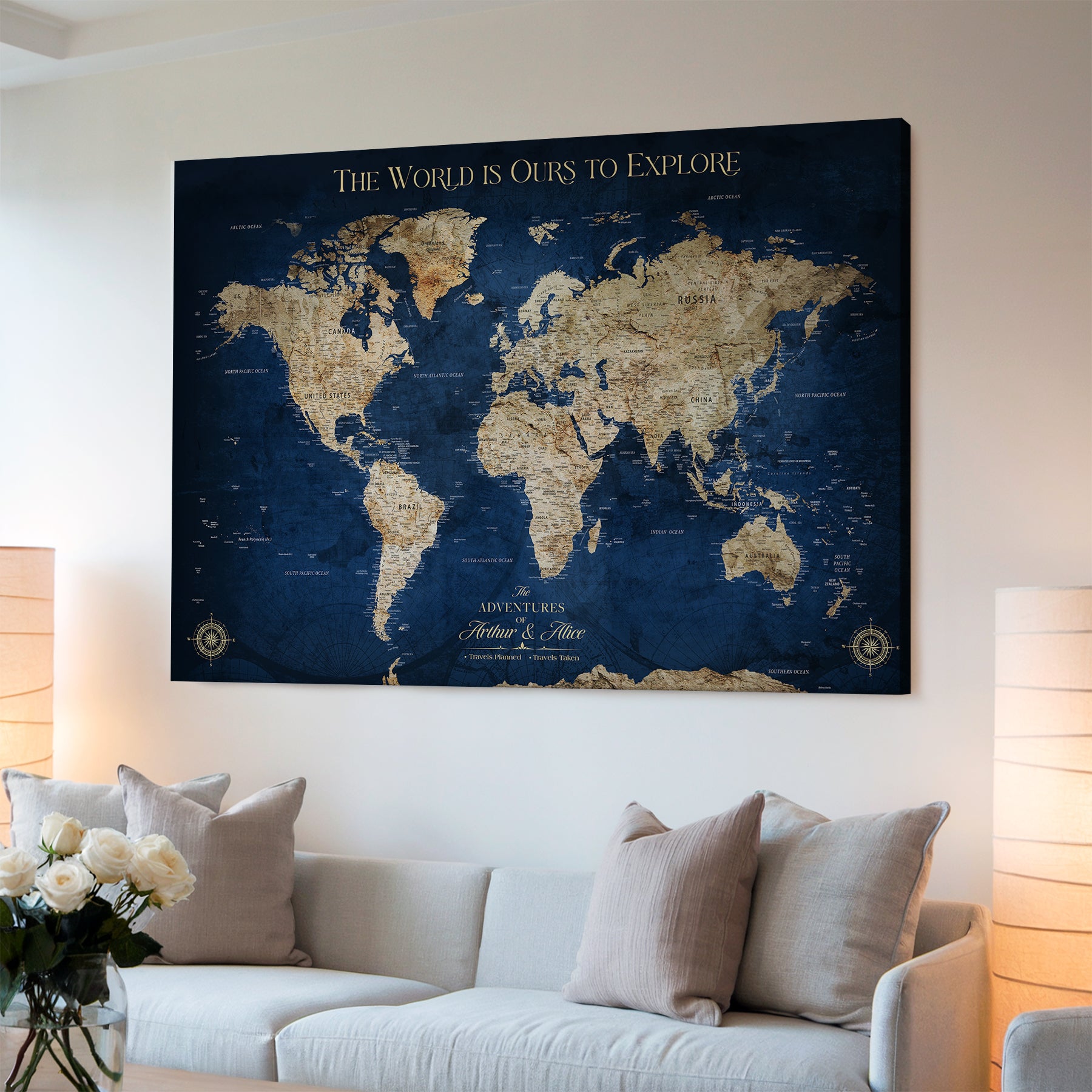 10181149-MGV-CV-36X24-Custom Push Pin World Map Wall Canvas Print – Personalized Travel Tracker with Pins – Framed Large Multi-Size Canvas for Home Office Decor