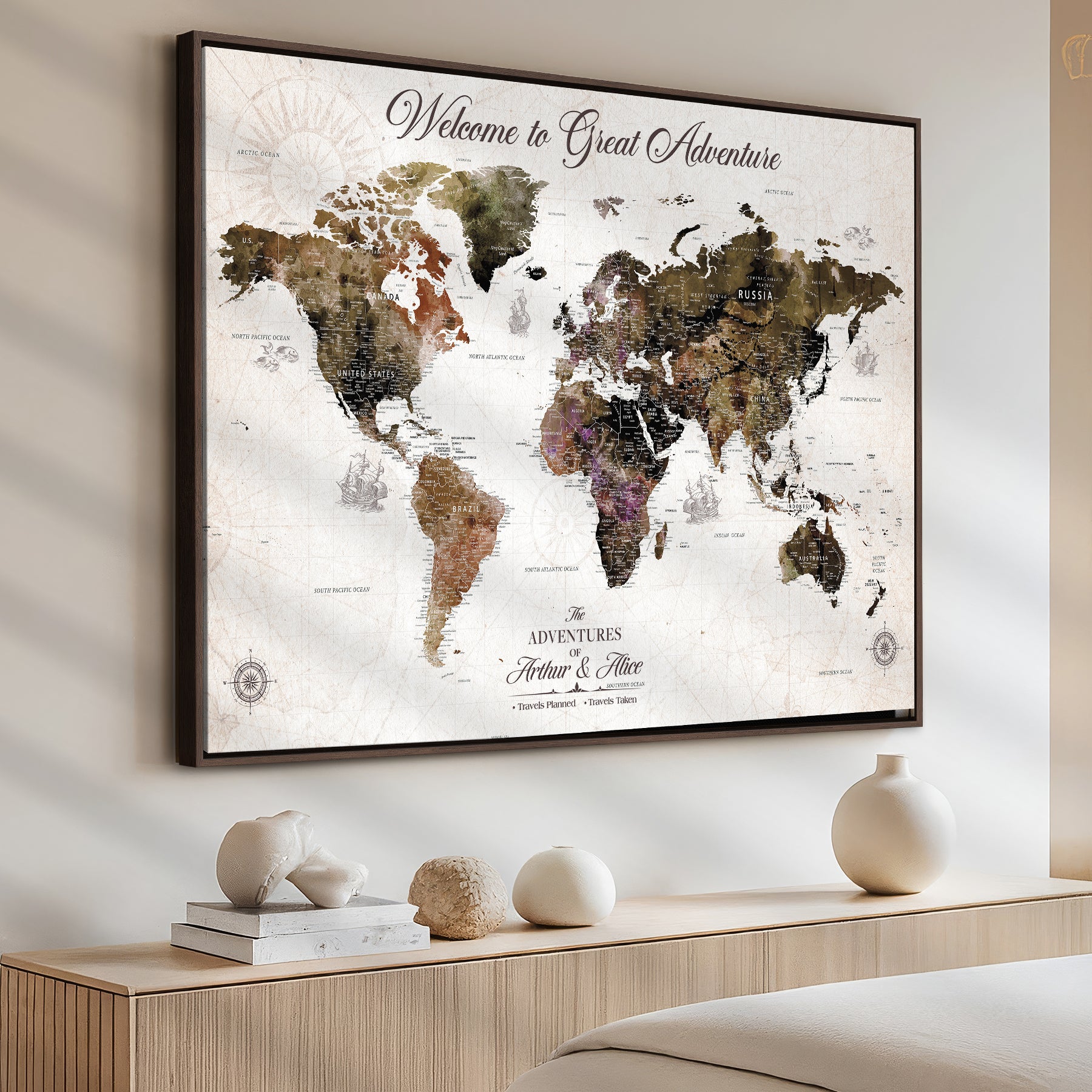 35778202-MGV-CV-36X24-Custom Push Pin World Map Wall Canvas Print – Personalized Travel Map with Pins – Framed Large Canvas for Home Office Decor - H30