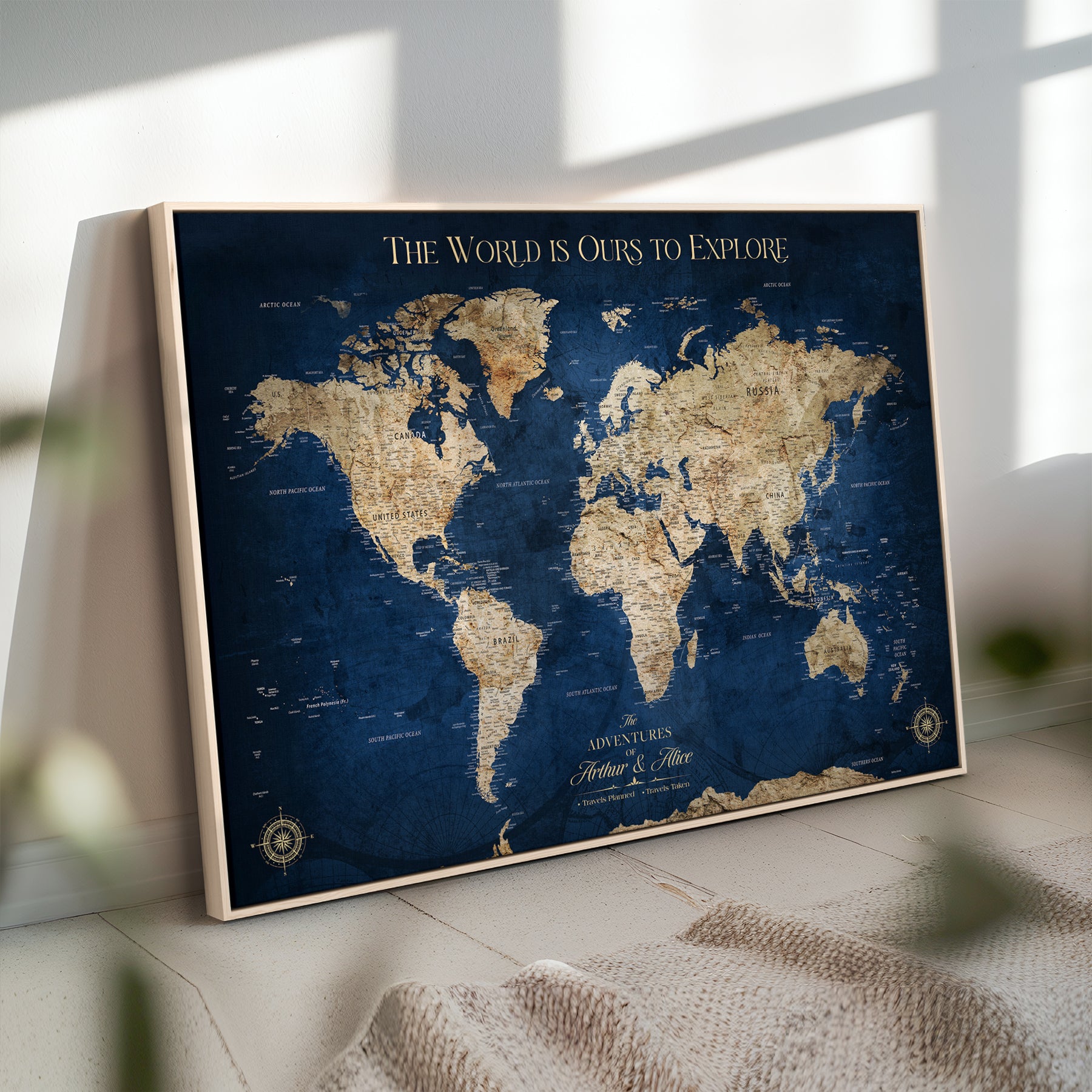 10181149-MGV-CV-36X24-Custom Push Pin World Map Wall Canvas Print – Personalized Travel Tracker with Pins – Framed Large Multi-Size Canvas for Home Office Decor