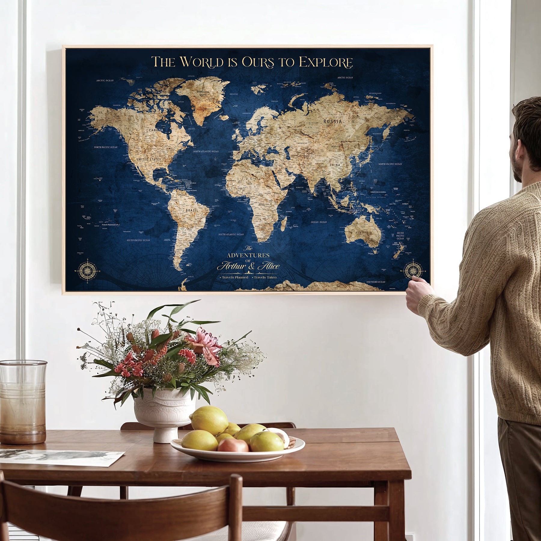 10181149-MGV-CV-36X24-Custom Push Pin World Map Wall Canvas Print – Personalized Travel Tracker with Pins – Framed Large Multi-Size Canvas for Home Office Decor