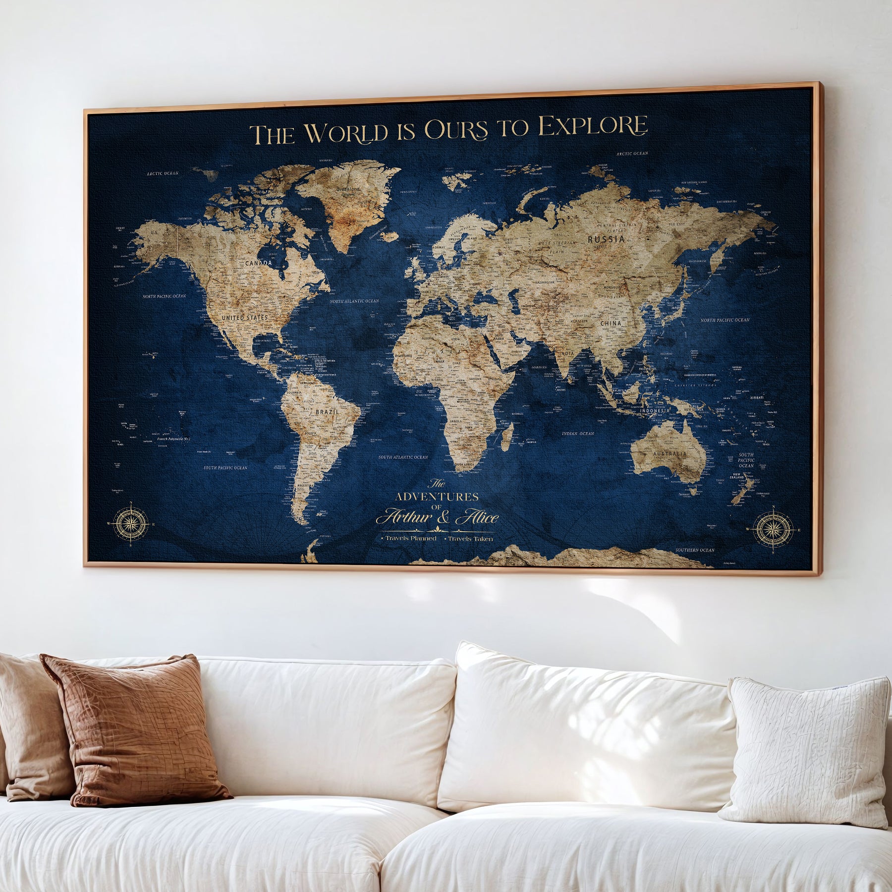 36424712-MGV-CV-36X24-Custom World Map Wall Art – Personalized Framed Canvas Print with Push Pins for Travel Tracking, Anniversary or Couple Gift Ideas