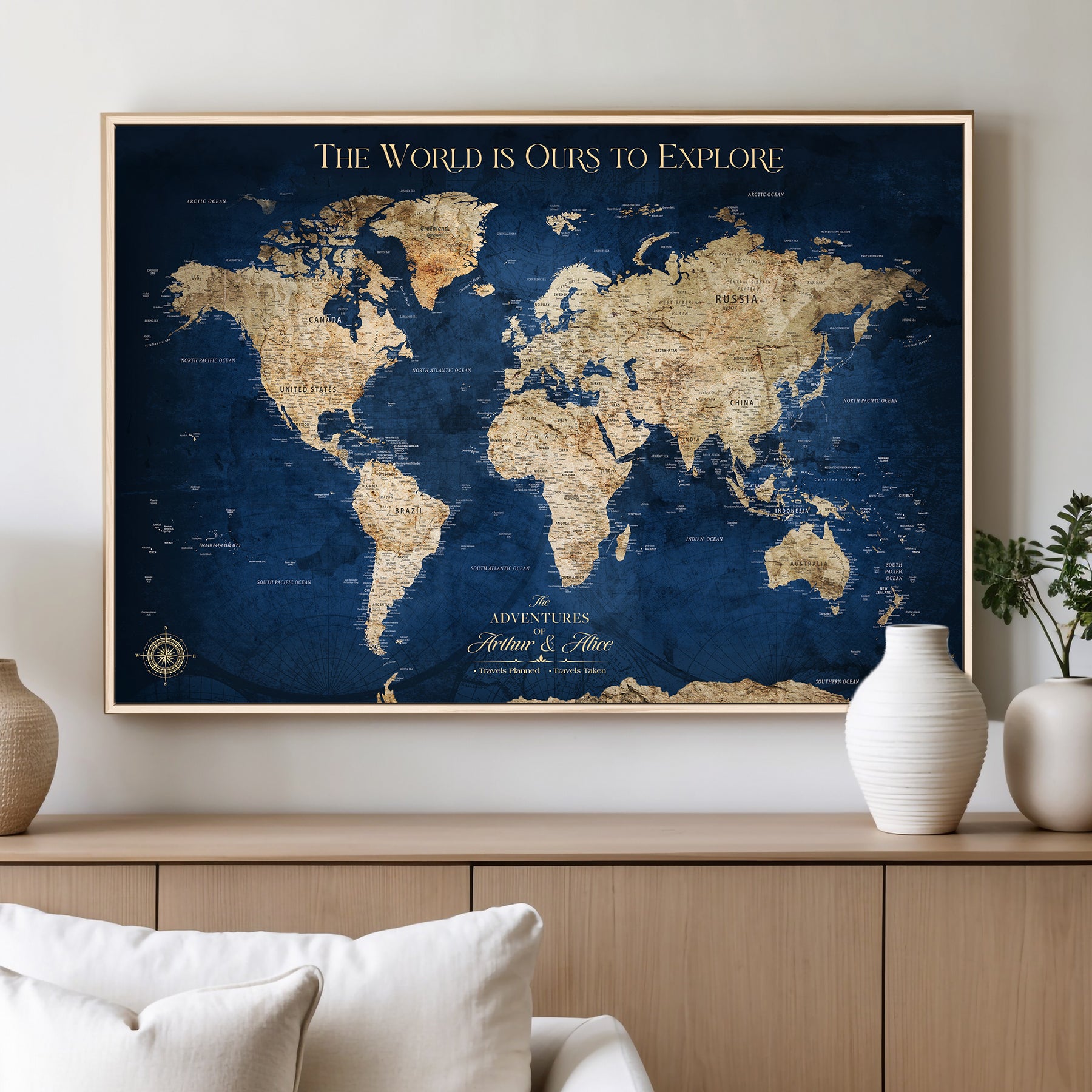 10181149-MGV-CV-36X24-Custom Push Pin World Map Wall Canvas Print – Personalized Travel Tracker with Pins – Framed Large Multi-Size Canvas for Home Office Decor