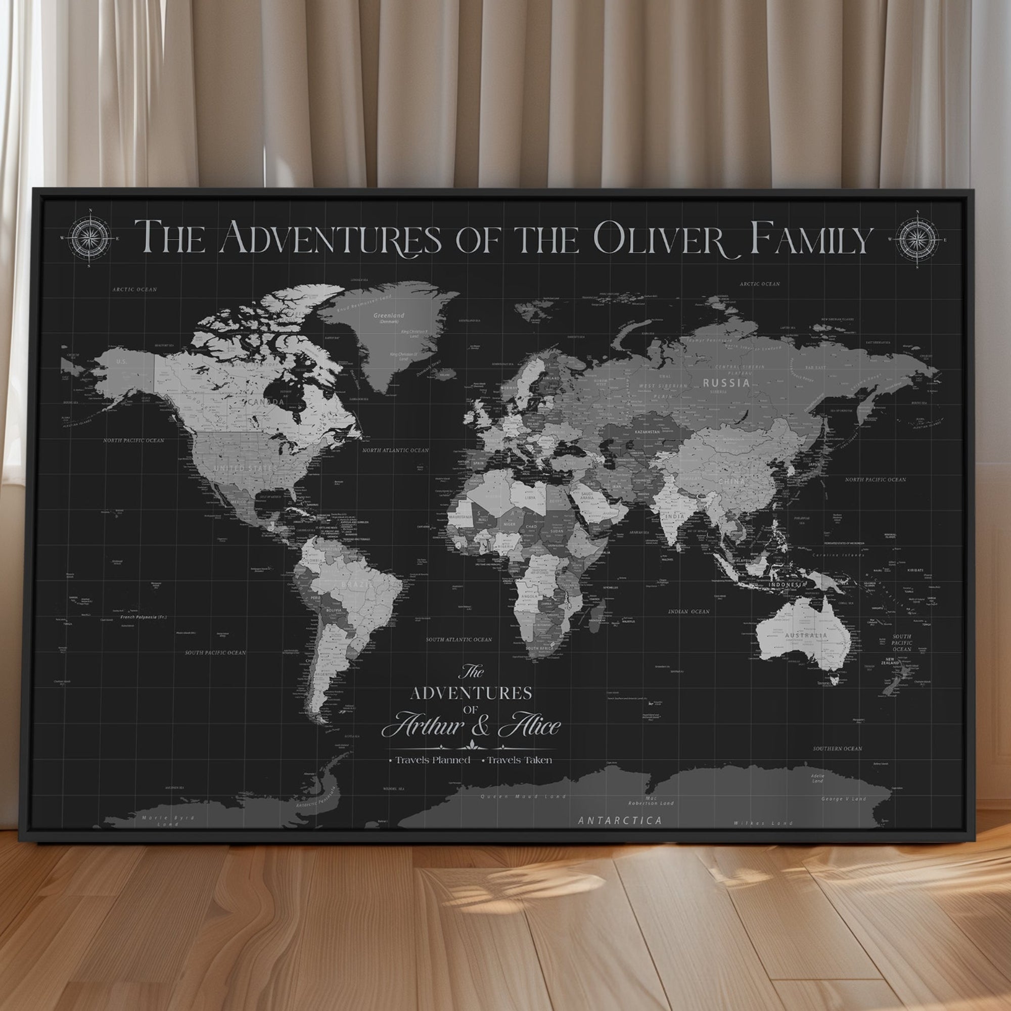 -Personalized Push Pin World Map Canvas – Custom Framed Travel Tracker Wall Art, Large Adventure Map with Pins for Home, Office