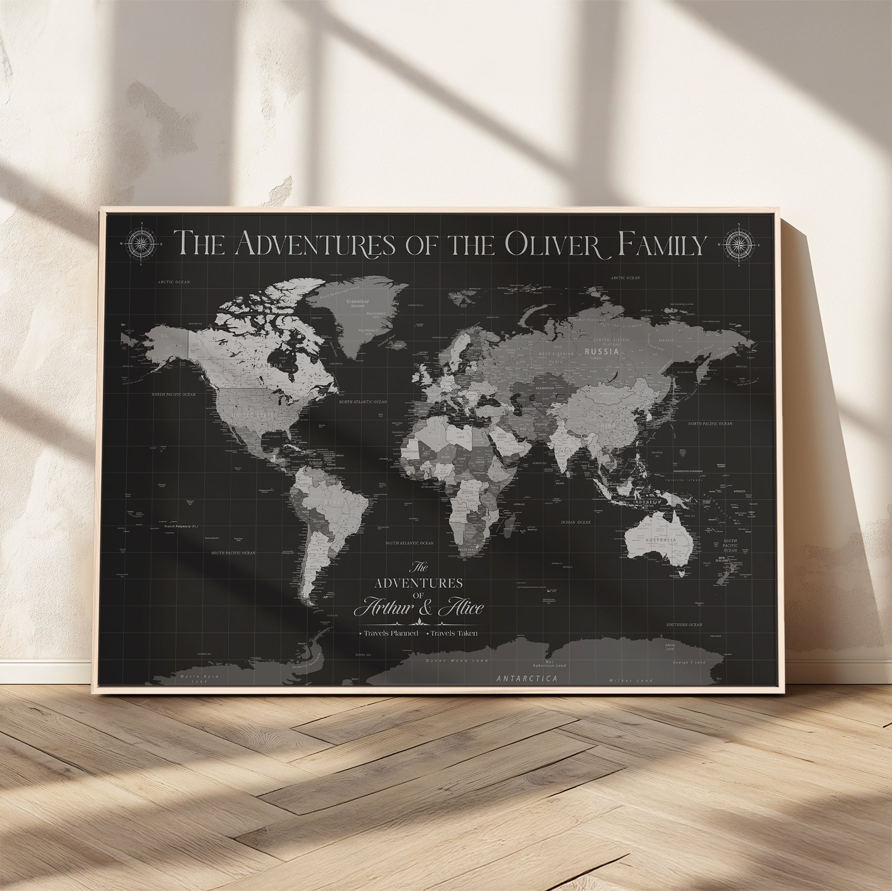 -Personalized Family World Map Canvas – Custom Framed Push Pin Travel Tracker, Modern Adventure Wall Art for Home, Office