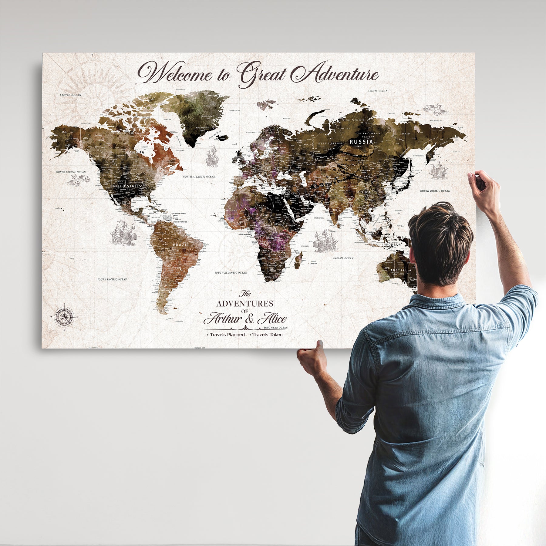 35778202-MGV-CV-36X24-Custom Push Pin World Map Wall Canvas Print – Personalized Travel Map with Pins – Framed Large Canvas for Home Office Decor - H30