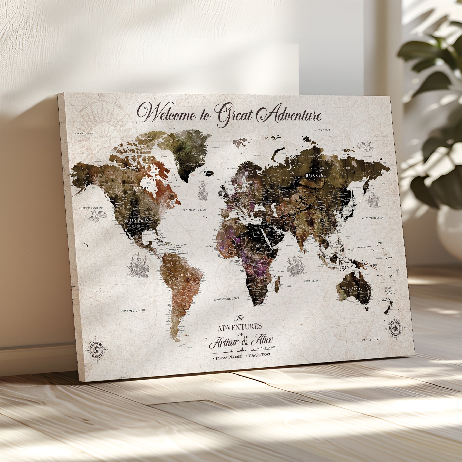 35778202-MGV-CV-36X24-Custom Push Pin World Map Wall Canvas Print – Personalized Travel Map with Pins – Framed Large Canvas for Home Office Decor - H30