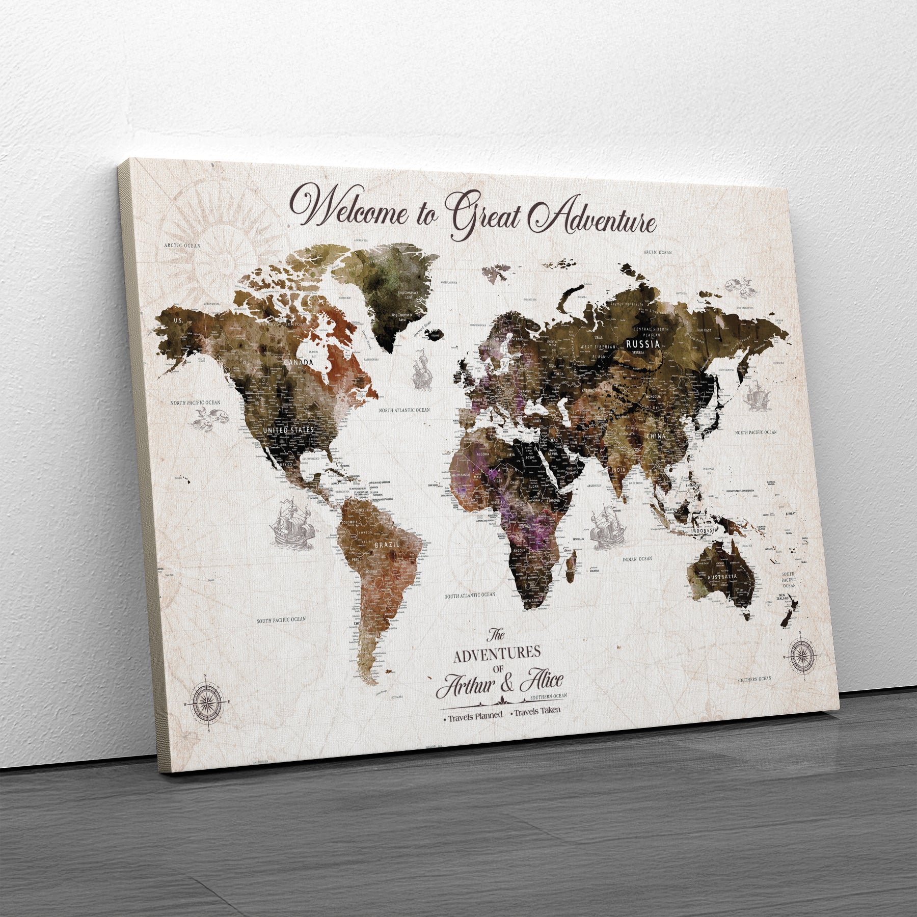 35778202-MGV-CV-36X24-Custom Push Pin World Map Wall Canvas Print – Personalized Travel Map with Pins – Framed Large Canvas for Home Office Decor - H30