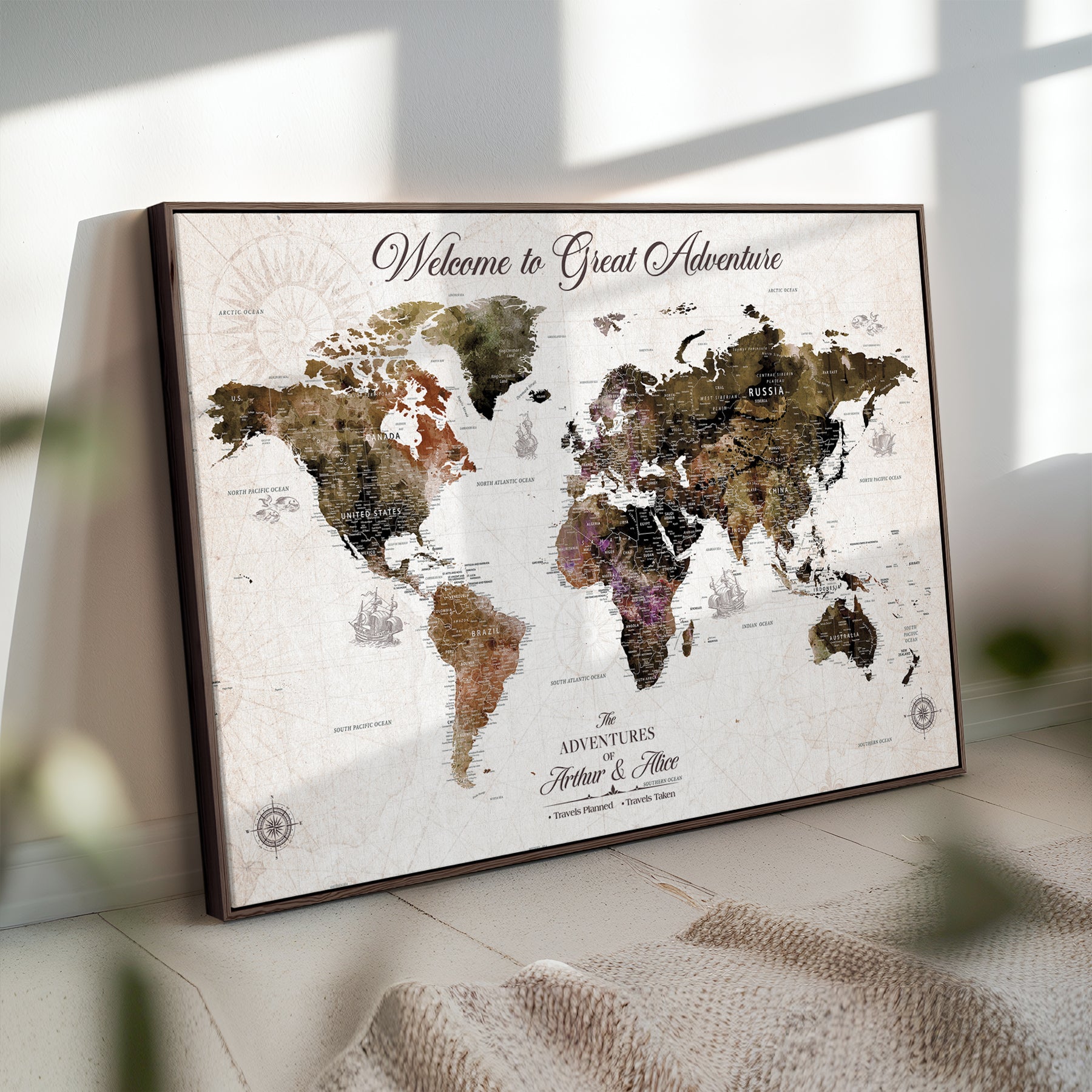 35778202-MGV-CV-36X24-Custom Push Pin World Map Wall Canvas Print – Personalized Travel Map with Pins – Framed Large Canvas for Home Office Decor - H30