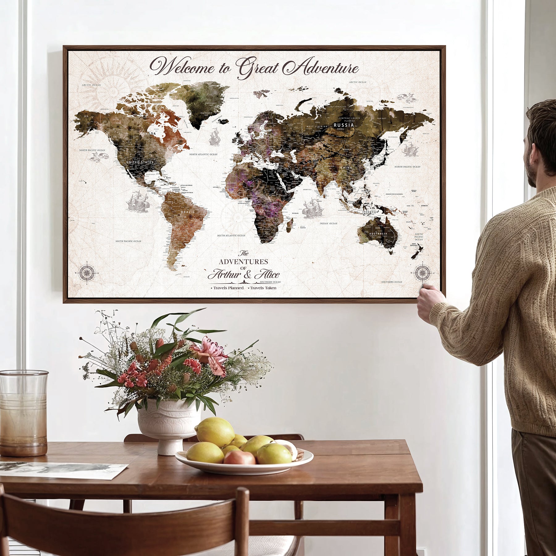 35778202-MGV-CV-36X24-Custom Push Pin World Map Wall Canvas Print – Personalized Travel Map with Pins – Framed Large Canvas for Home Office Decor - H30
