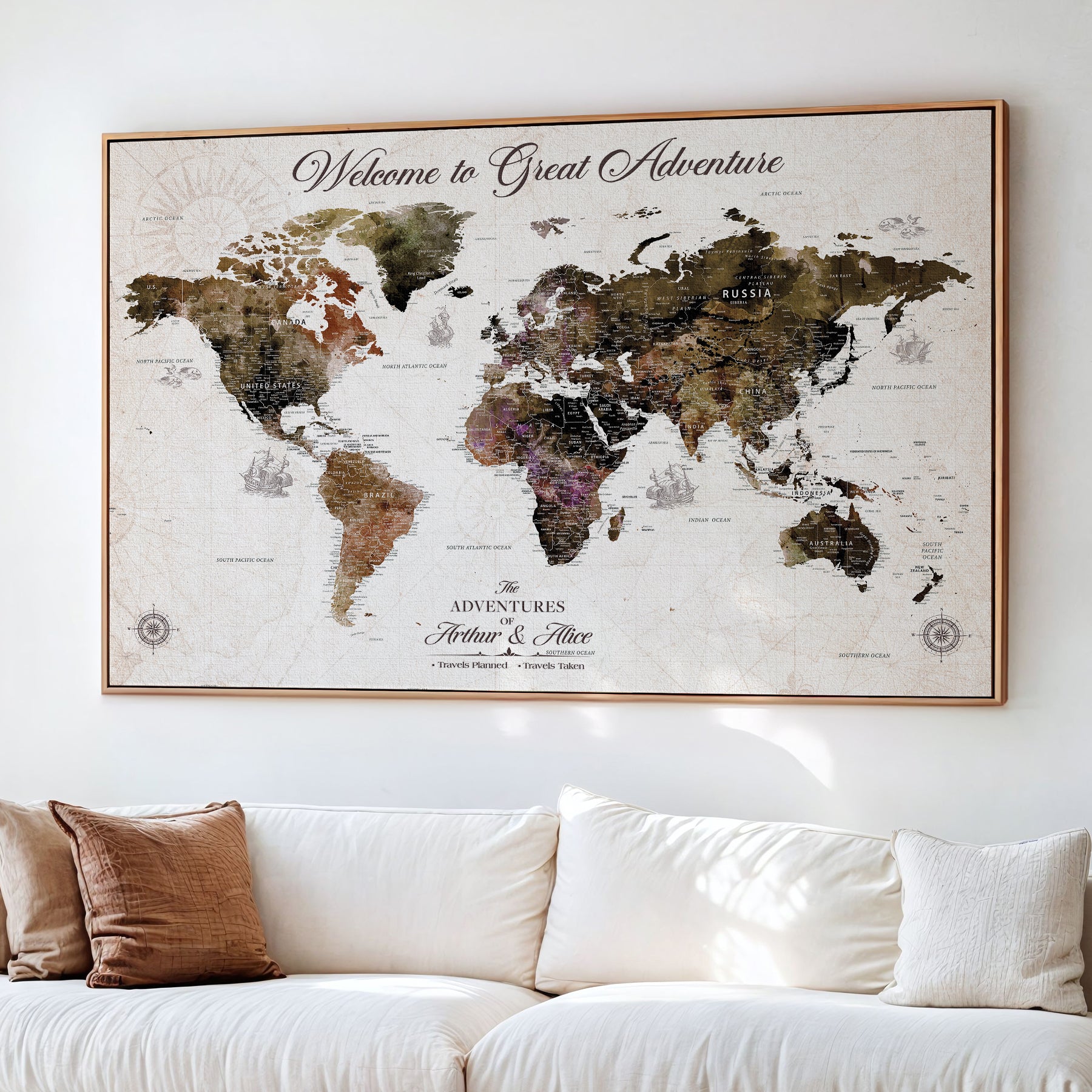 35778202-MGV-CV-36X24-Custom Push Pin World Map Wall Canvas Print – Personalized Travel Map with Pins – Framed Large Canvas for Home Office Decor - H30