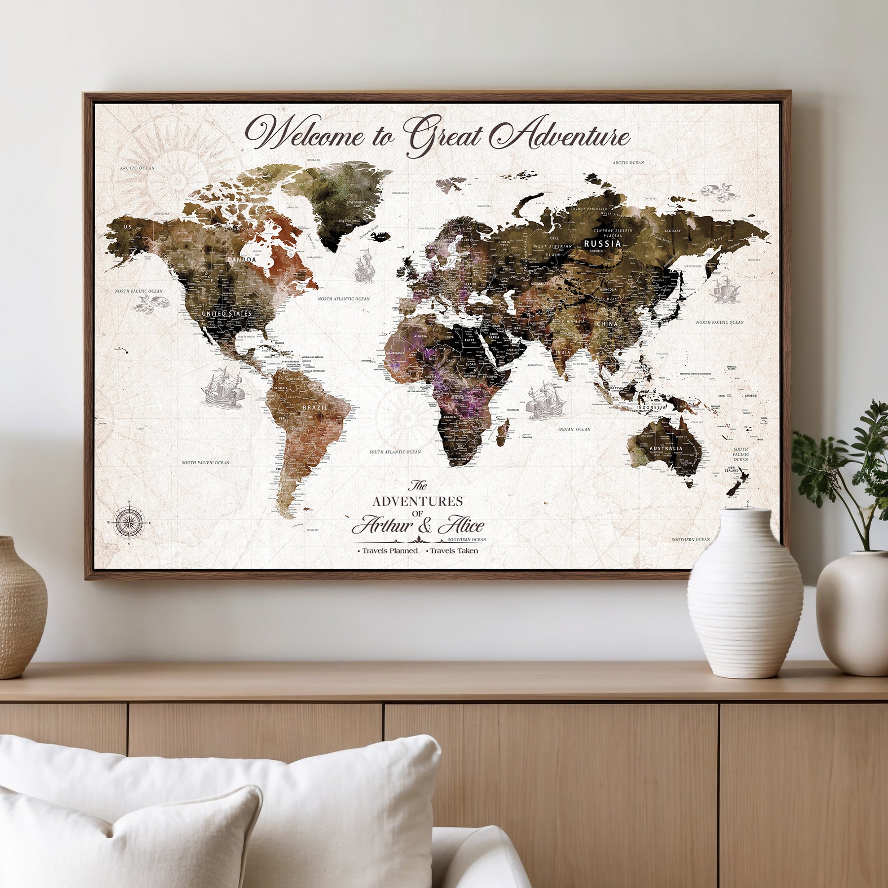 35778202-MGV-CV-36X24-Custom Push Pin World Map Wall Canvas Print – Personalized Travel Map with Pins – Framed Large Canvas for Home Office Decor - H30
