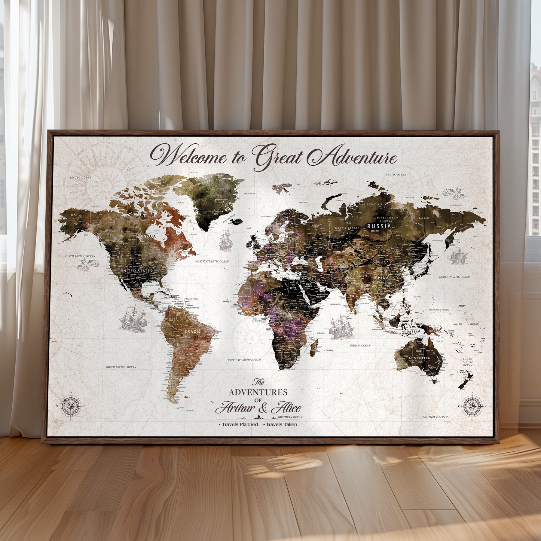 35778202-MGV-CV-36X24-Custom Push Pin World Map Wall Canvas Print – Personalized Travel Map with Pins – Framed Large Canvas for Home Office Decor - H30