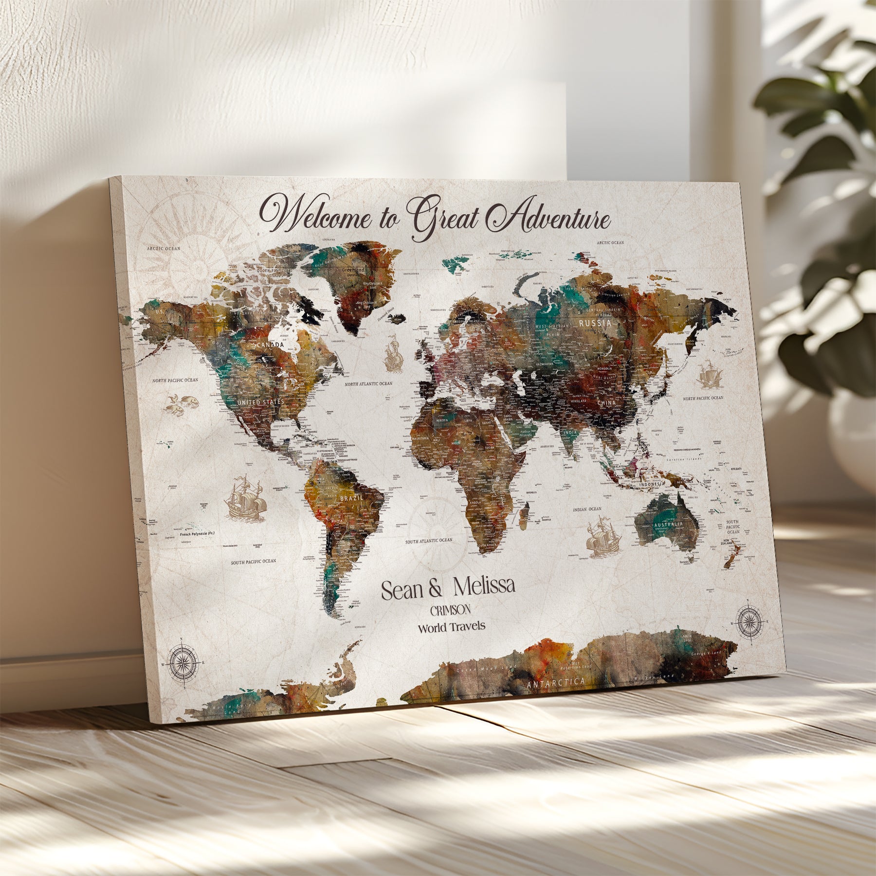 92462592-MGV-CV-36X24-Customize Push Pin World Map Wall Canvas Print – Personalizable Travel World Map with Pins – Framed Personalized Map Print for Couple Gift - H31