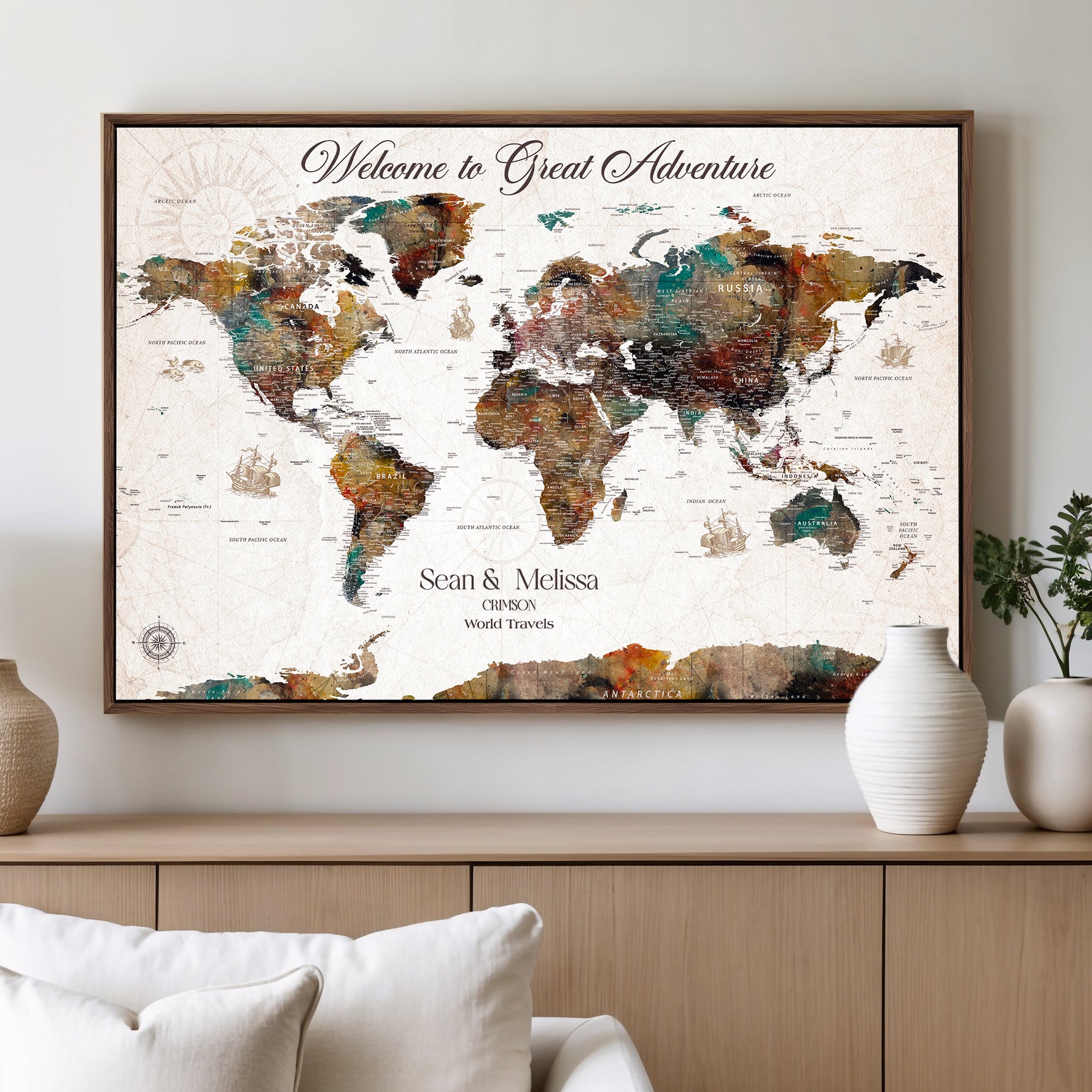 92462592-MGV-CV-36X24-Customize Push Pin World Map Wall Canvas Print – Personalizable Travel World Map with Pins – Framed Personalized Map Print for Couple Gift - H31