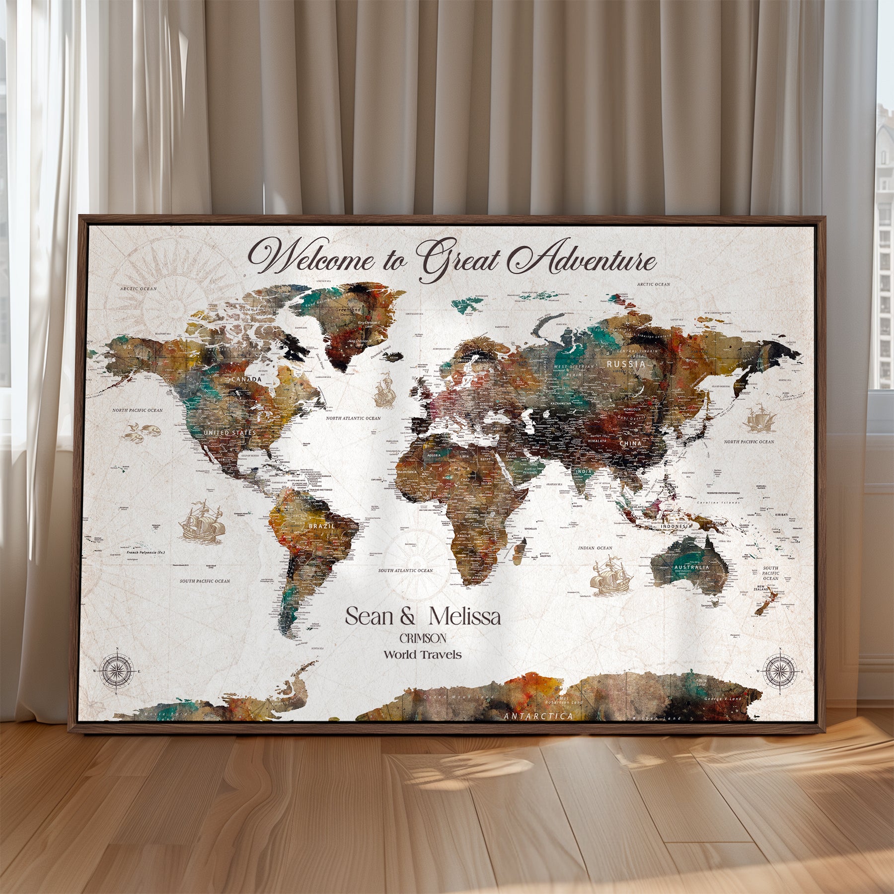 92462592-MGV-CV-36X24-Customize Push Pin World Map Wall Canvas Print – Personalizable Travel World Map with Pins – Framed Personalized Map Print for Couple Gift - H31