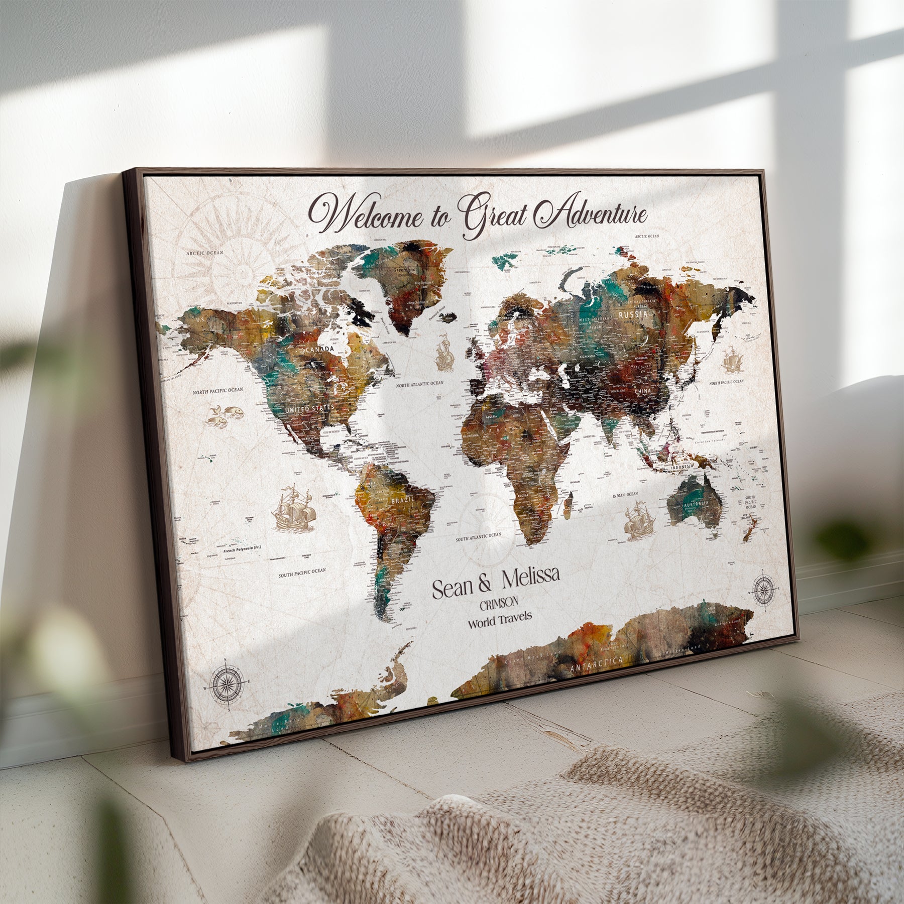 92462592-MGV-CV-36X24-Customize Push Pin World Map Wall Canvas Print – Personalizable Travel World Map with Pins – Framed Personalized Map Print for Couple Gift - H31