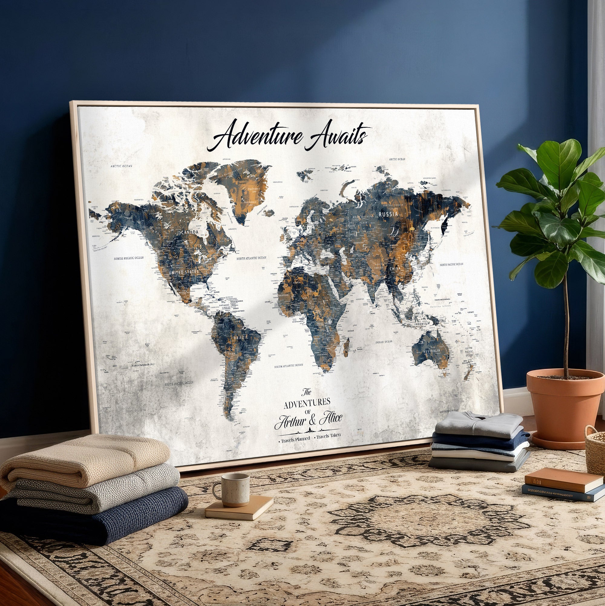 26041262-MGV-CV-36X24-Custom Push Pin World Map Wall Art Canvas Print – Personalized Travel Map Decor