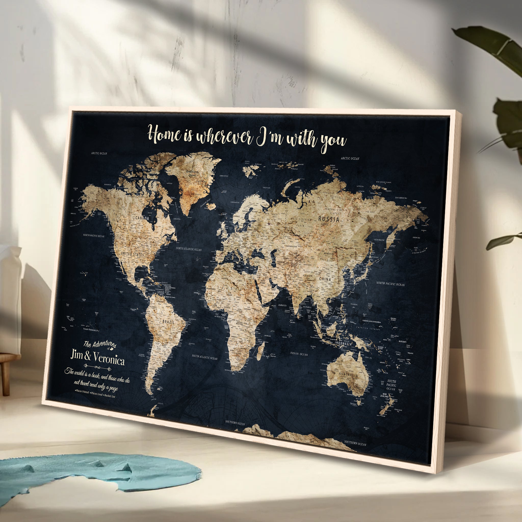 MAP502-MGV-CV-36X24-Personalized World Map Wall Art Canvas Print – Custom Push Pin Travel Map for Couples, Families, or Office Decor