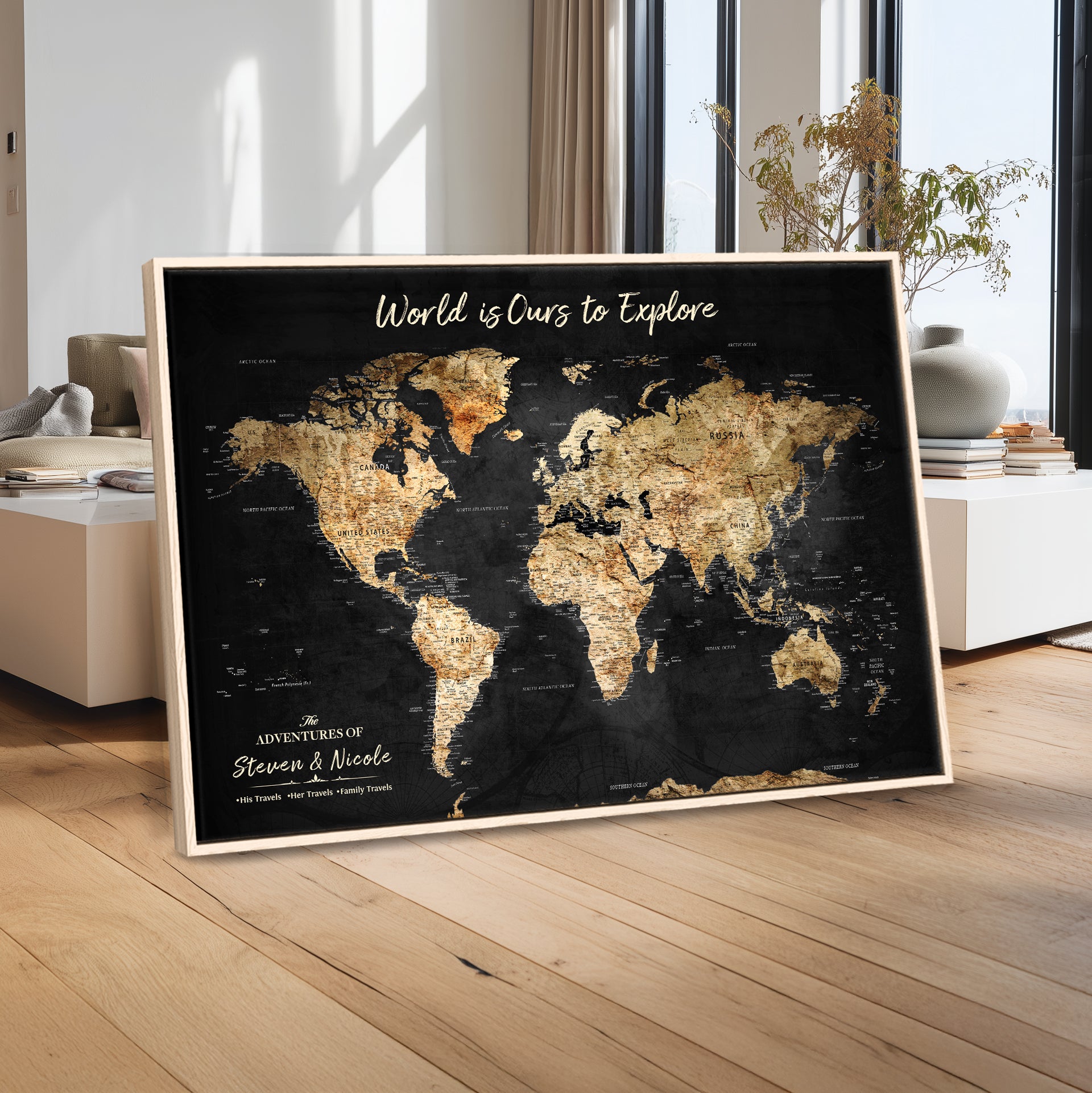 Rehber01-MGV-CV-36X24-Personalized Travel World Map Print | Customize Map with Push Pin Canvas on Foam Board | Grunge Maps Prints for Wall Decor
