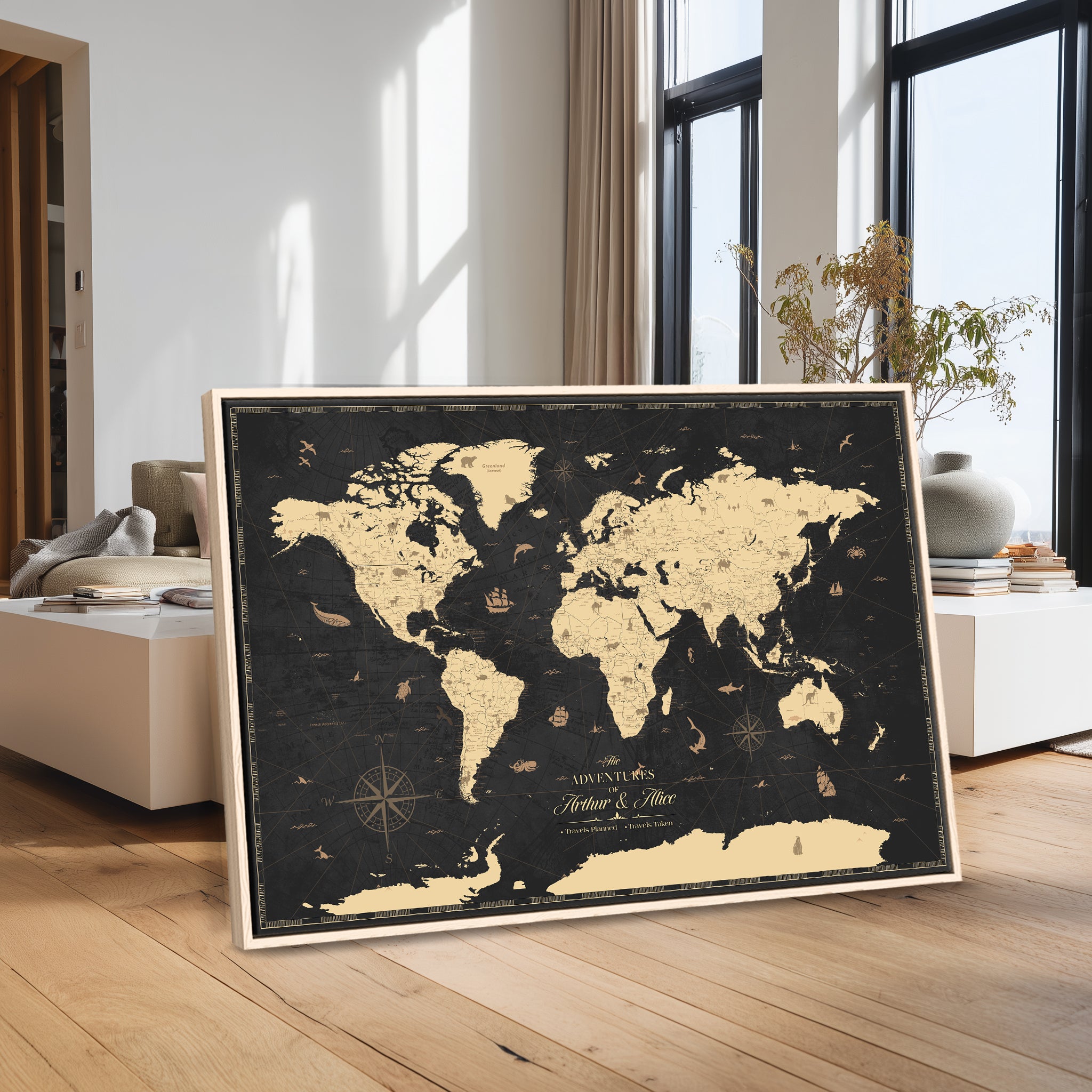 58609271-MGV-CV-36X24-Personalized World Map Wall Art Canvas Print – Custom Push Pin Travel Map for Couples, Families, or Office Decor