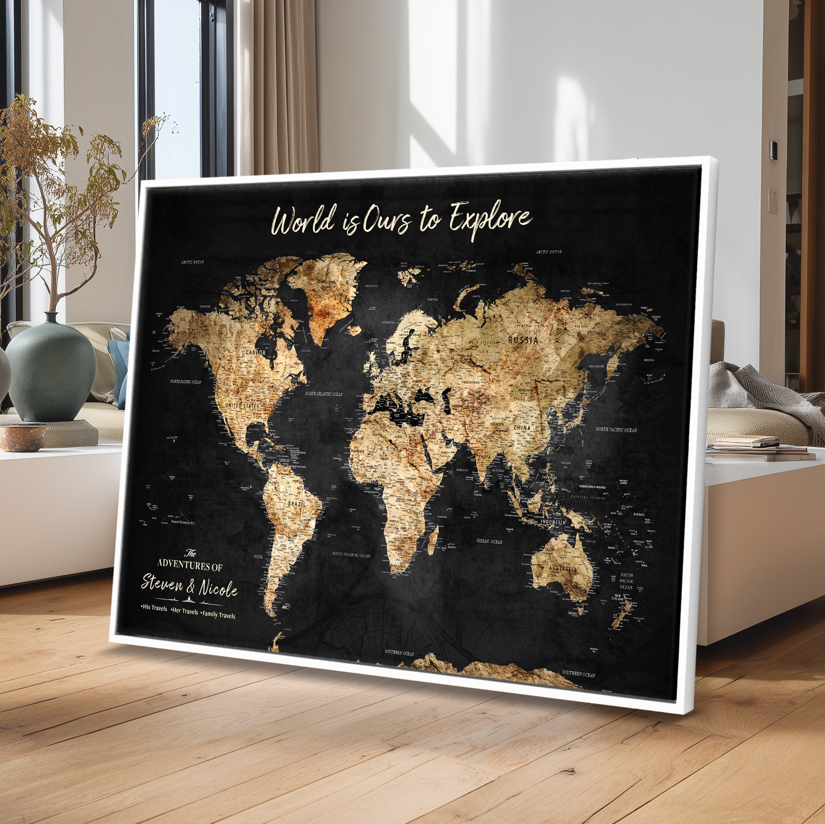 Rehber01-MGV-CV-36X24-Personalized Travel World Map Print | Customize Map with Push Pin Canvas on Foam Board | Grunge Maps Prints for Wall Decor