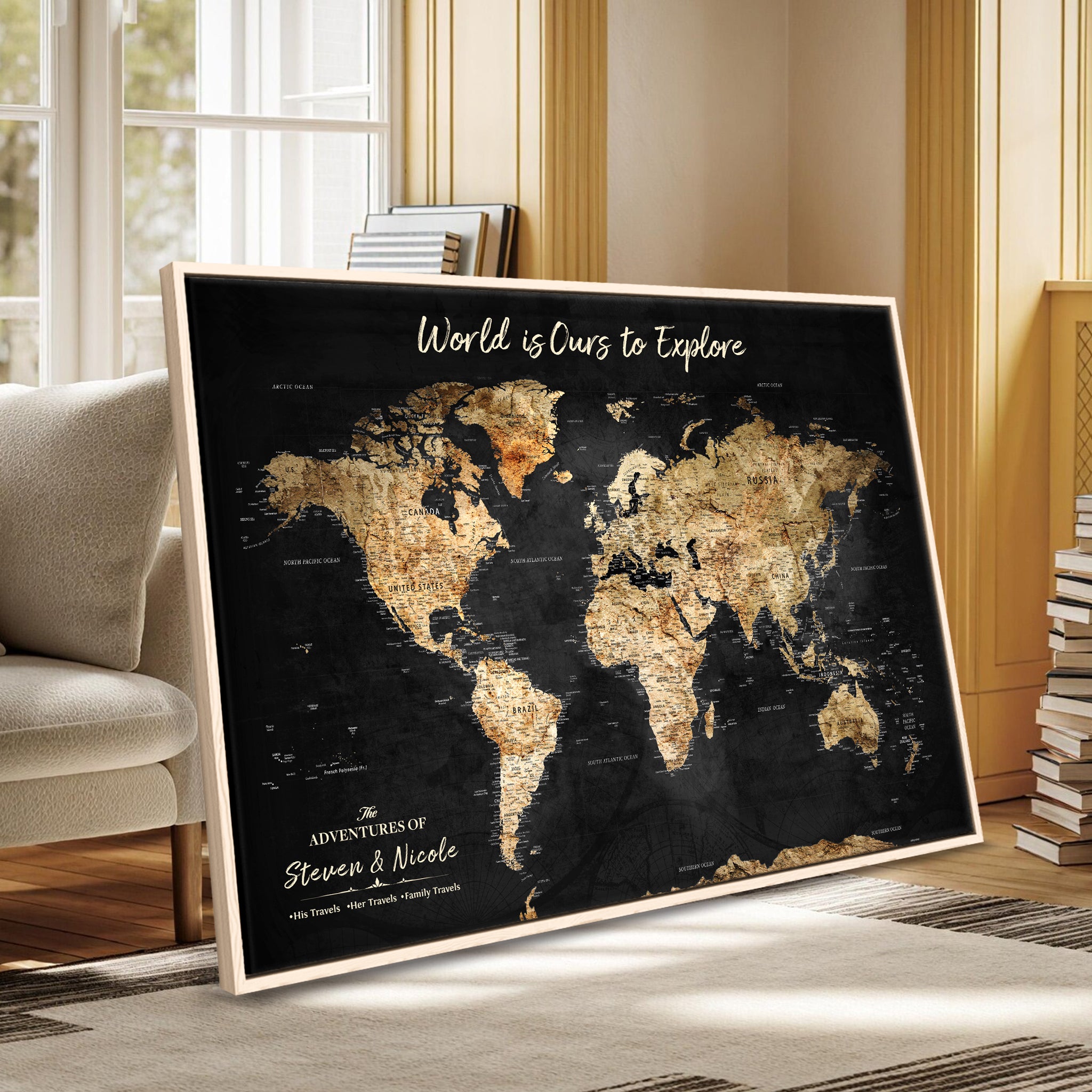 Rehber01-MGV-CV-36X24-Personalized Travel World Map Print | Customize Map with Push Pin Canvas on Foam Board | Grunge Maps Prints for Wall Decor