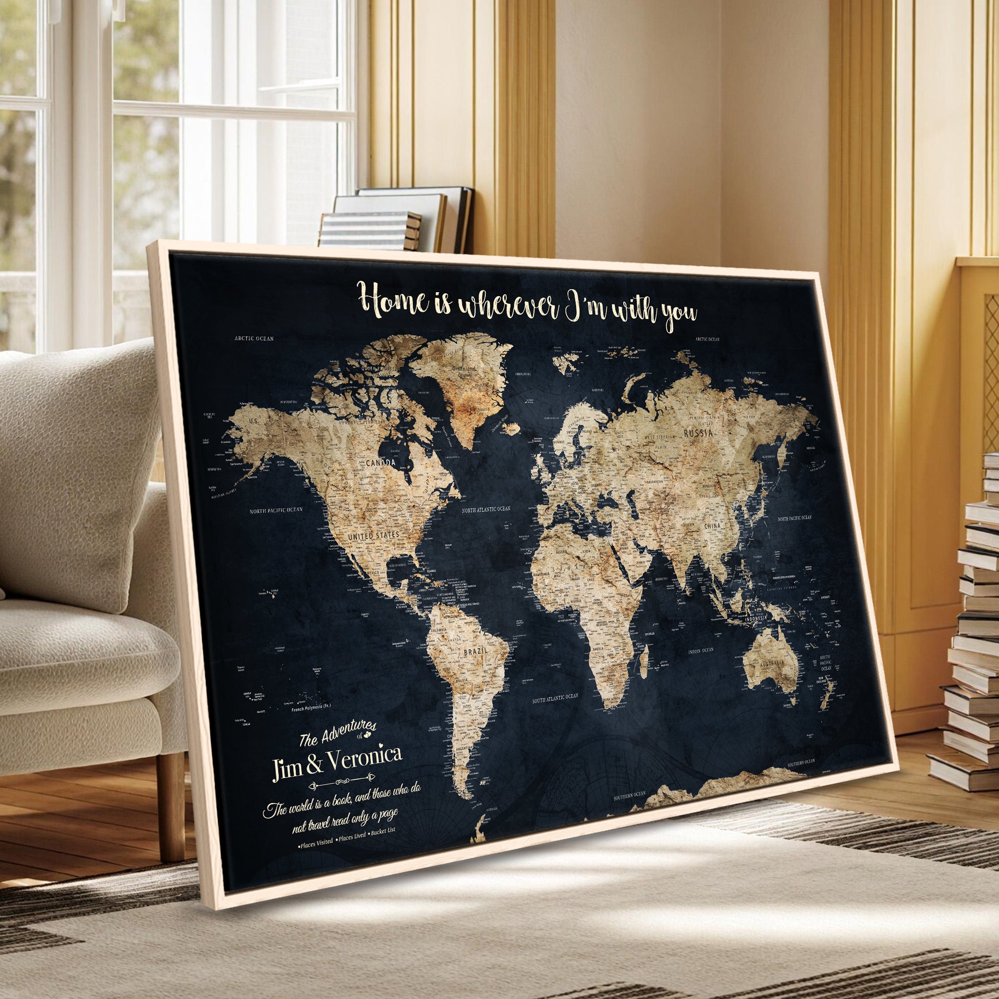 MAP502-MGV-CV-36X24-Personalized World Map Wall Art Canvas Print – Custom Push Pin Travel Map for Couples, Families, or Office Decor