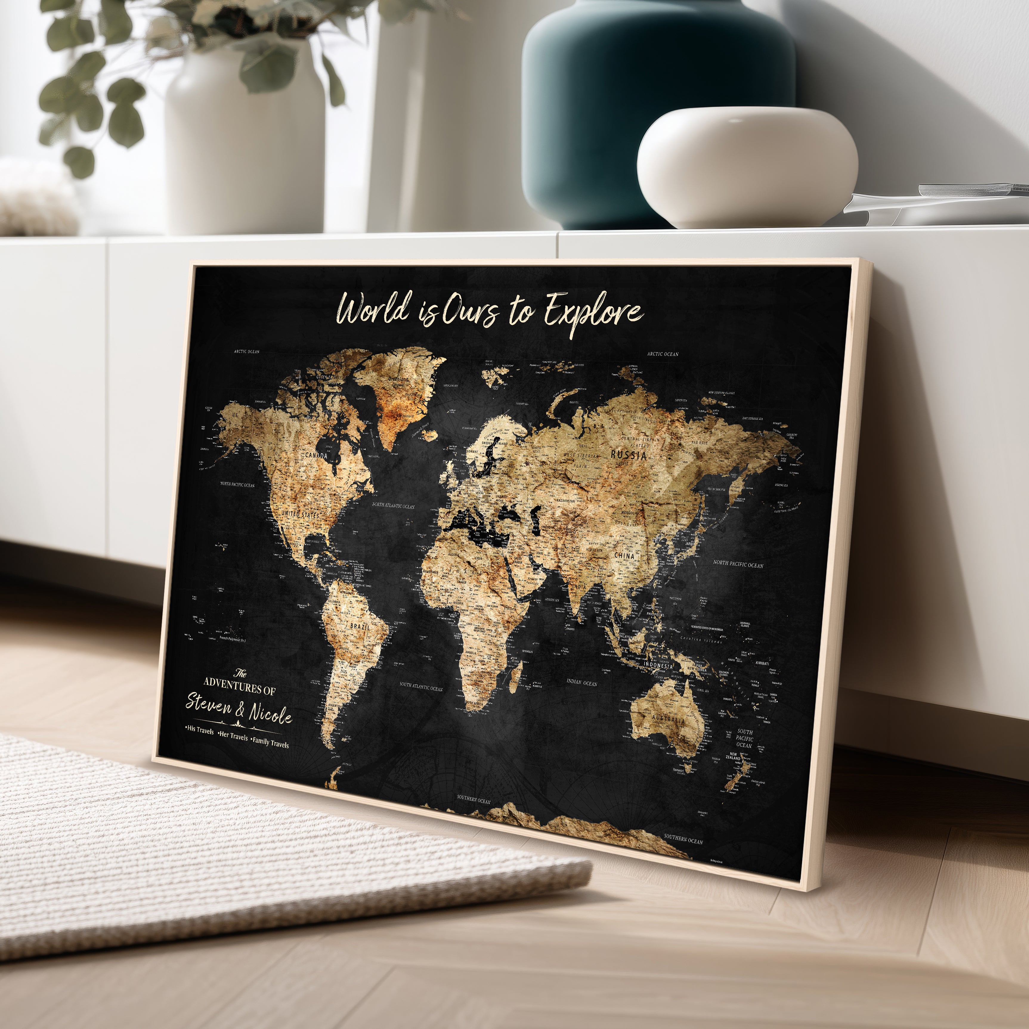 Rehber01-MGV-CV-36X24-Personalized Travel World Map Print | Customize Map with Push Pin Canvas on Foam Board | Grunge Maps Prints for Wall Decor