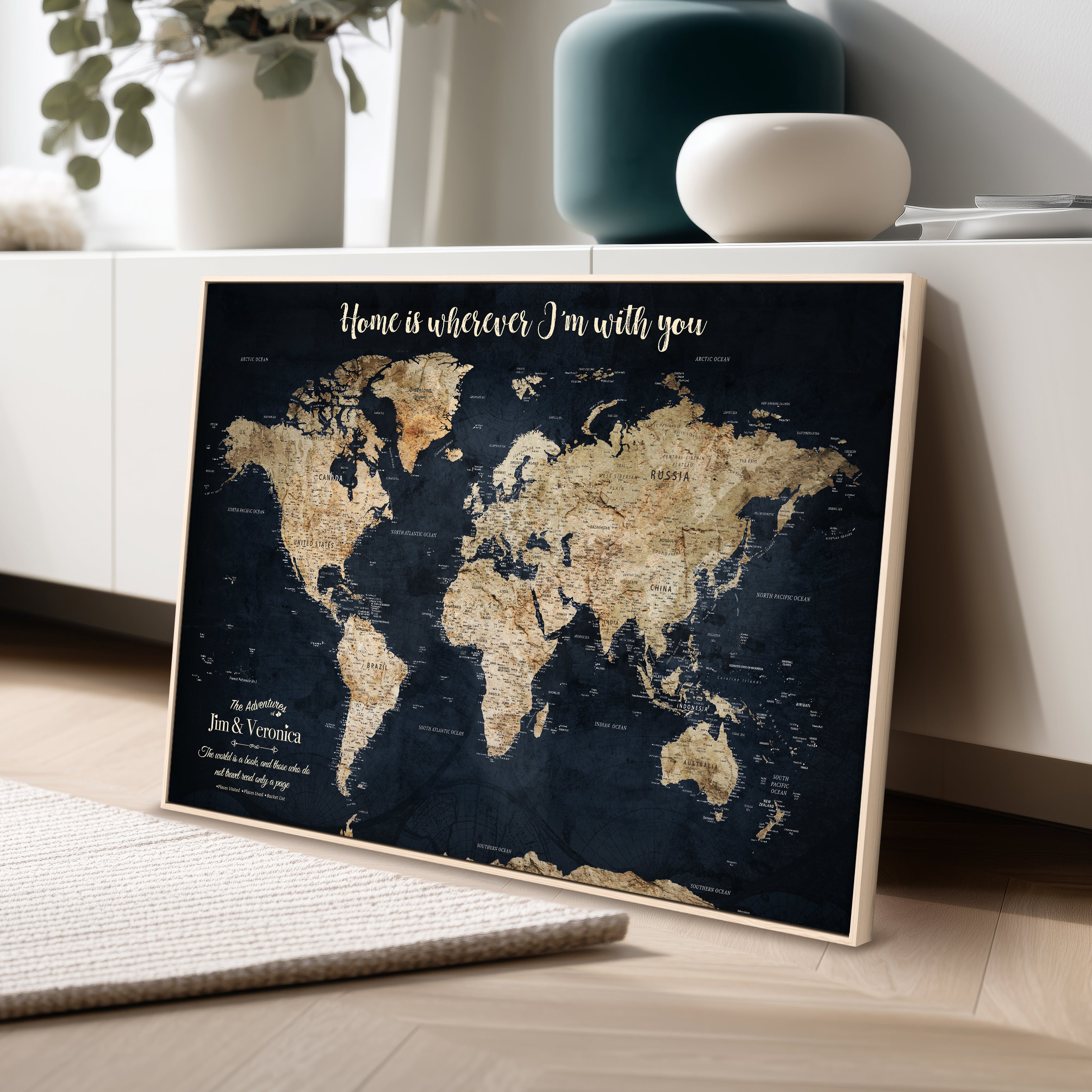 MAP502-MGV-CV-36X24-Personalized World Map Wall Art Canvas Print – Custom Push Pin Travel Map for Couples, Families, or Office Decor