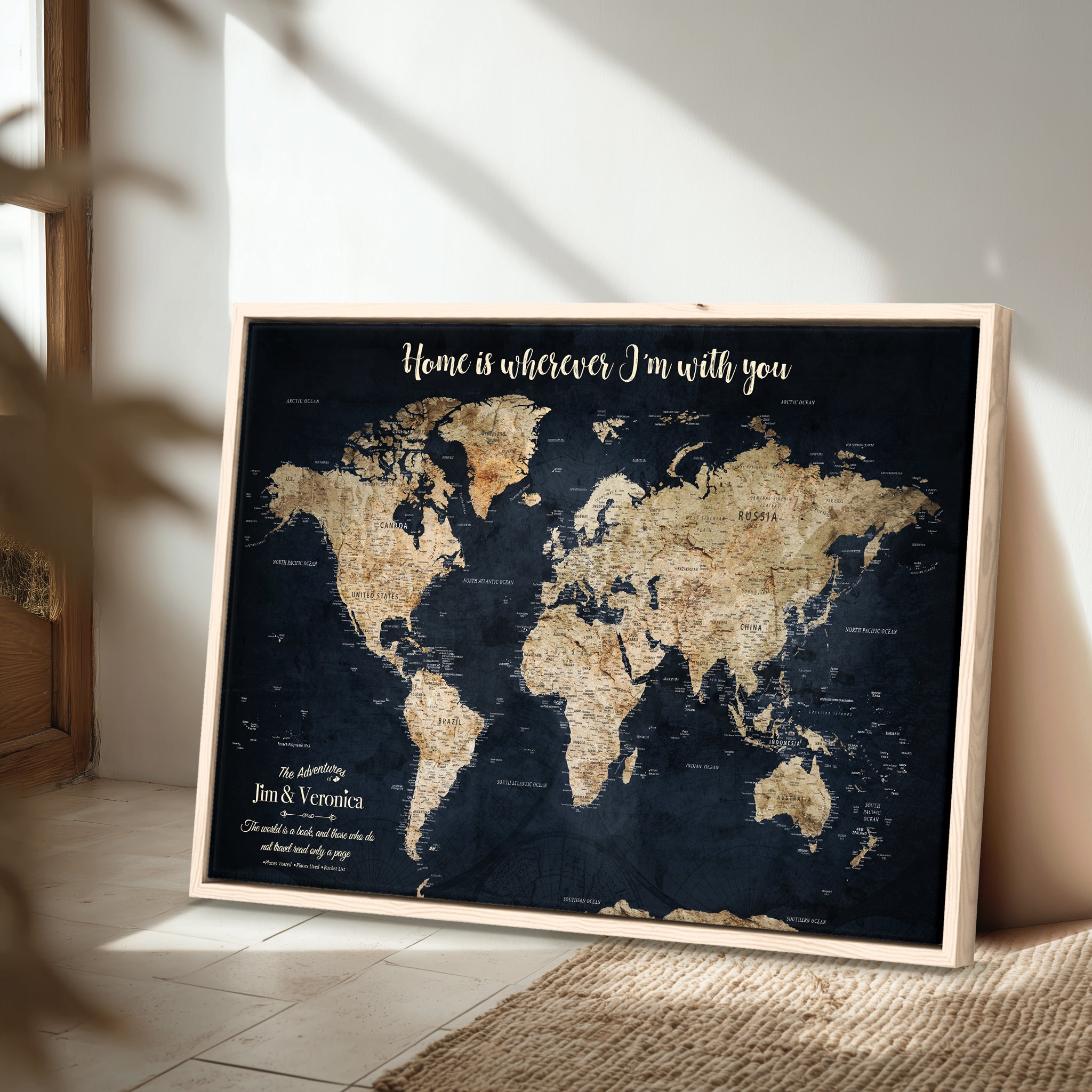 MAP502-MGV-CV-36X24-Personalized World Map Wall Art Canvas Print – Custom Push Pin Travel Map for Couples, Families, or Office Decor