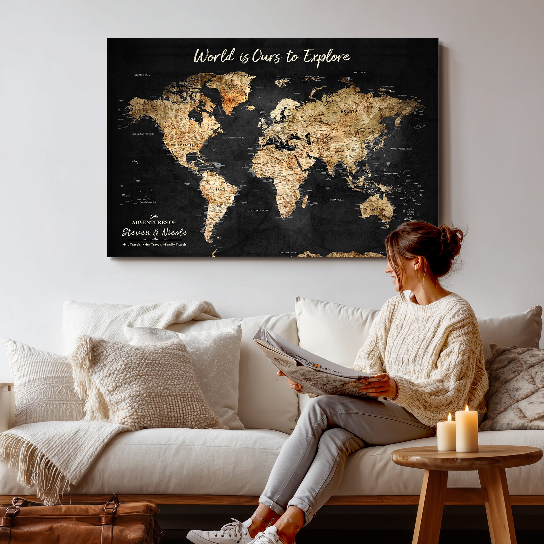 Rehber01-MGV-CV-36X24-Personalized Travel World Map Print | Customize Map with Push Pin Canvas on Foam Board | Grunge Maps Prints for Wall Decor