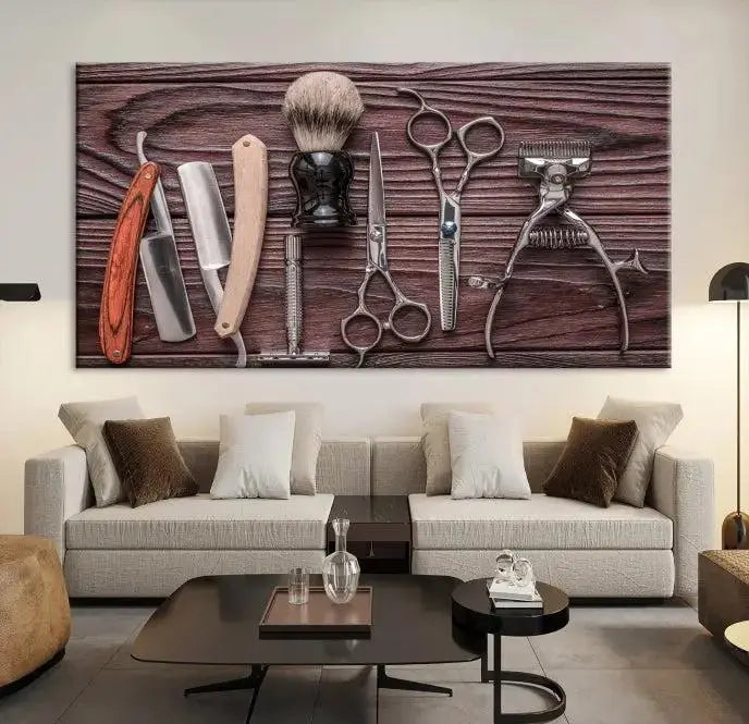 The Hairdresser Tools Wall Art Canvas Print, presented in three panels, showcases vintage barber tools against a wood grain backdrop.