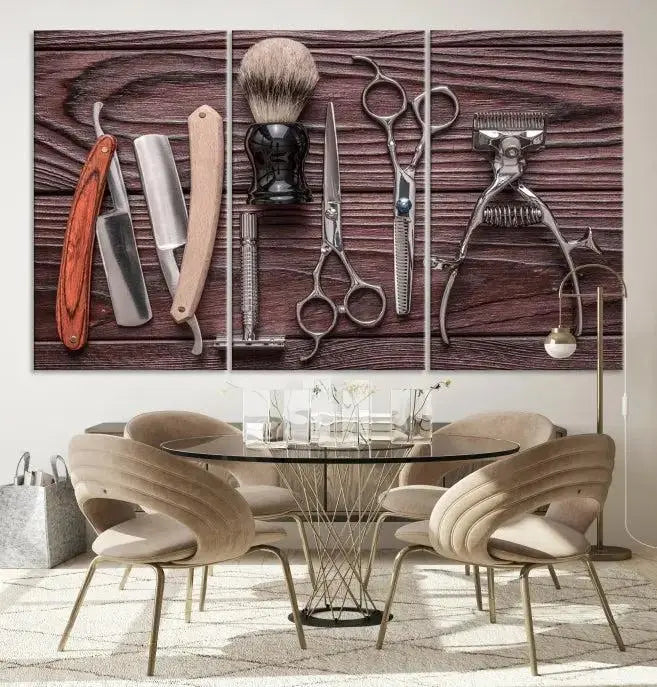 The Hairdresser Tools Wall Art Canvas Print, presented in three panels, showcases vintage barber tools against a wood grain backdrop.