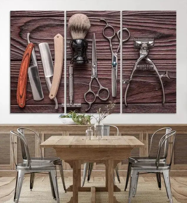 The Hairdresser Tools Wall Art Canvas Print, presented in three panels, showcases vintage barber tools against a wood grain backdrop.