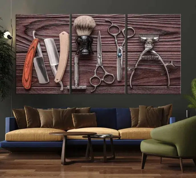 The Hairdresser Tools Wall Art Canvas Print, presented in three panels, showcases vintage barber tools against a wood grain backdrop.