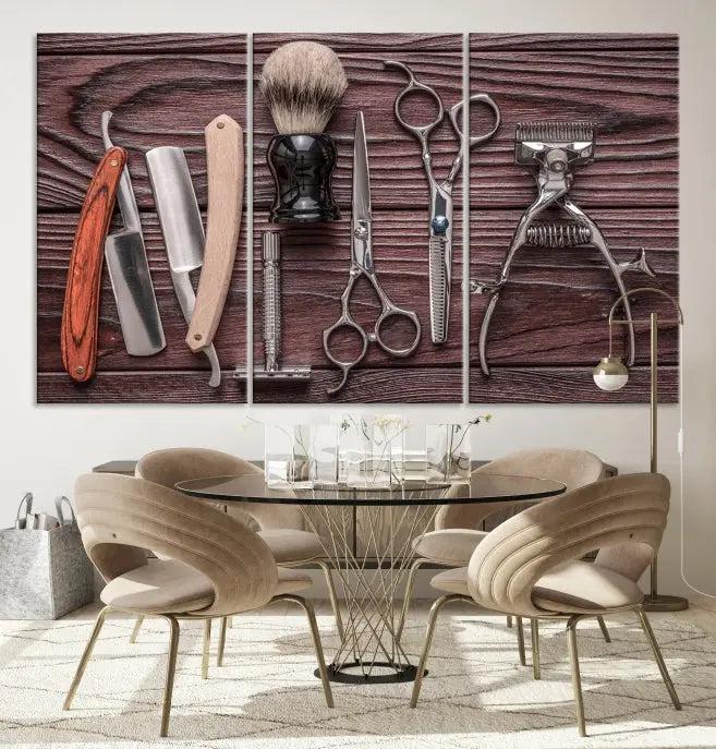 The Hairdresser Tools Wall Art Canvas Print, presented in three panels, showcases vintage barber tools against a wood grain backdrop.