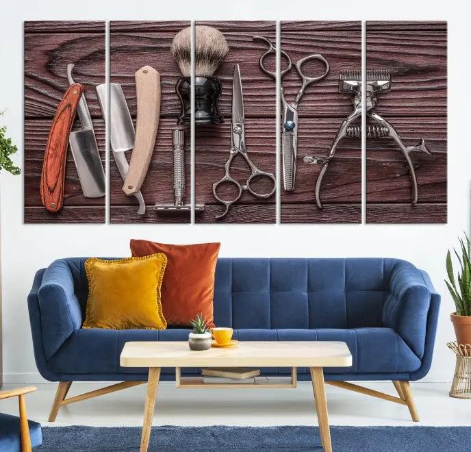 The Hairdresser Tools Wall Art Canvas Print, presented in three panels, showcases vintage barber tools against a wood grain backdrop.