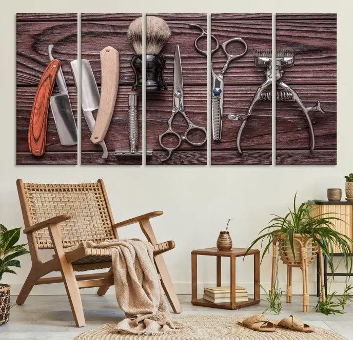 The Hairdresser Tools Wall Art Canvas Print, presented in three panels, showcases vintage barber tools against a wood grain backdrop.