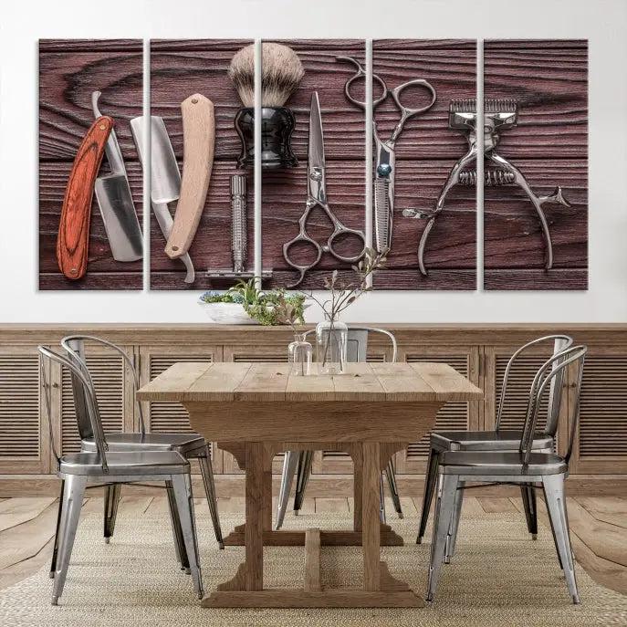 The Hairdresser Tools Wall Art Canvas Print, presented in three panels, showcases vintage barber tools against a wood grain backdrop.