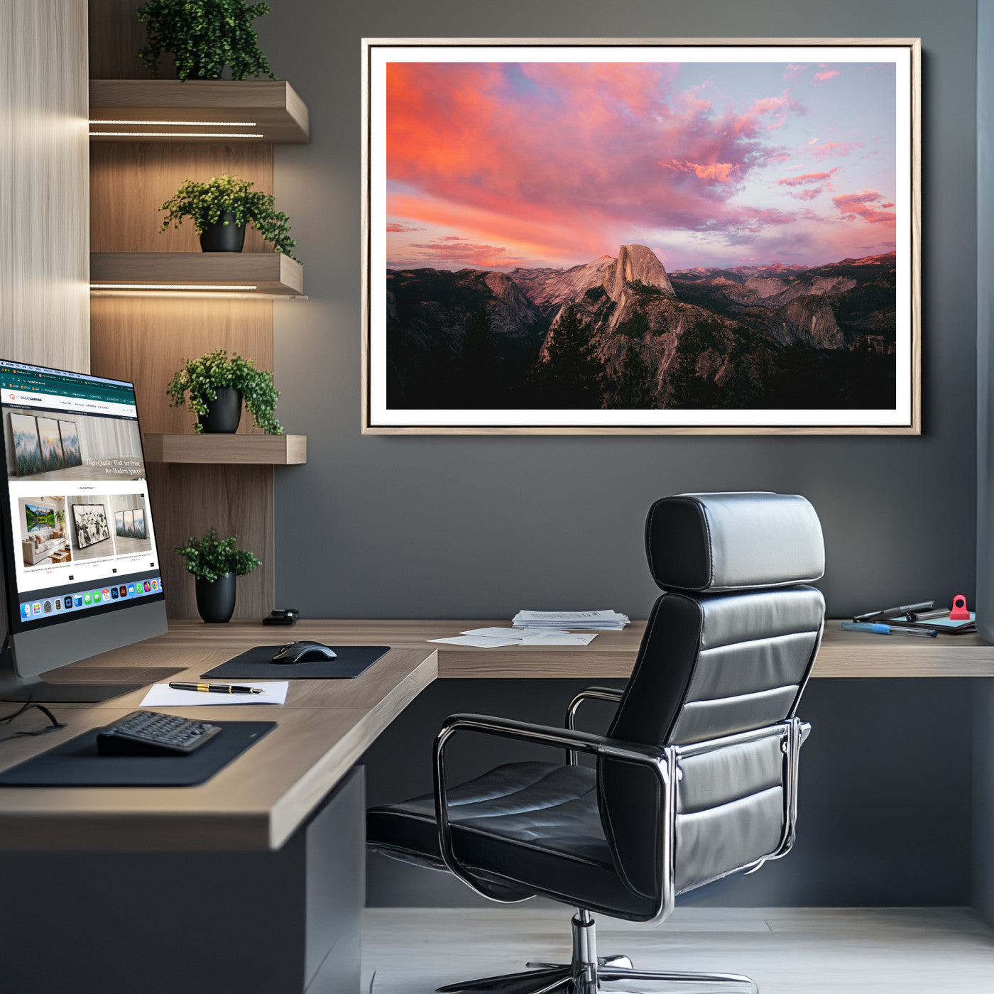32786115-MGC-FP-36x24_Natural-Half Dome Wall Art Canvas Print, Yosemite National Park Print, Framed Dramatic Sunset Art Print, Large Pink and Orange Sky Printing