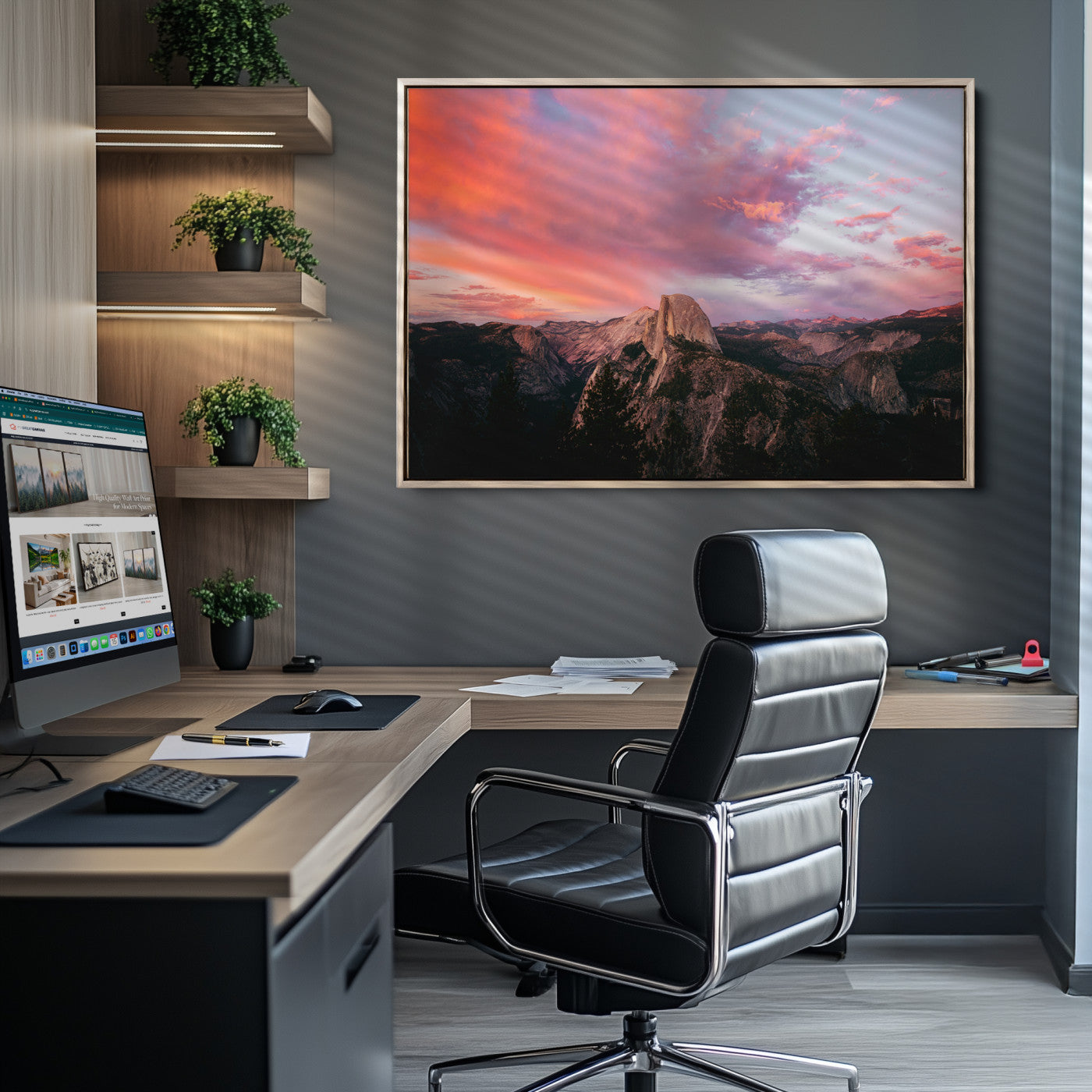 Half Dome Wall Art Canvas Print, Yosemite National Park Print, Framed Dramatic Sunset Art Print, Large Pink and Orange Sky Printing