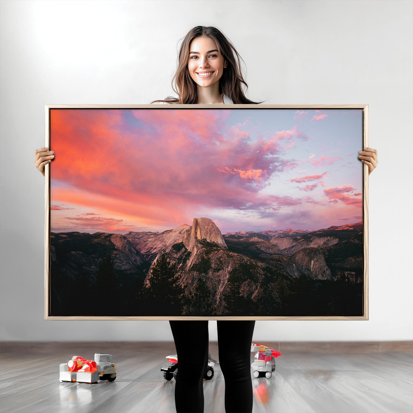 Half Dome Wall Art Canvas Print, Yosemite National Park Print, Framed Dramatic Sunset Art Print, Large Pink and Orange Sky Printing