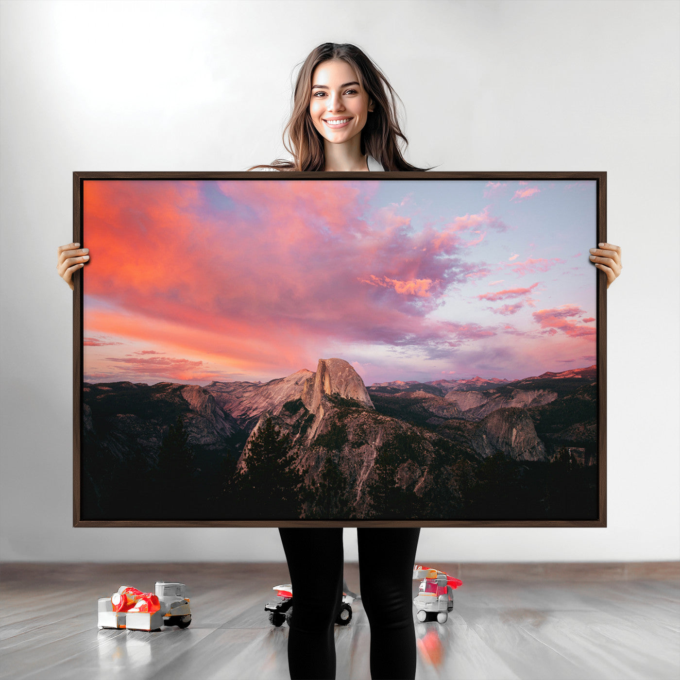 Half Dome Wall Art Canvas Print, Yosemite National Park Print, Framed Dramatic Sunset Art Print, Large Pink and Orange Sky Printing