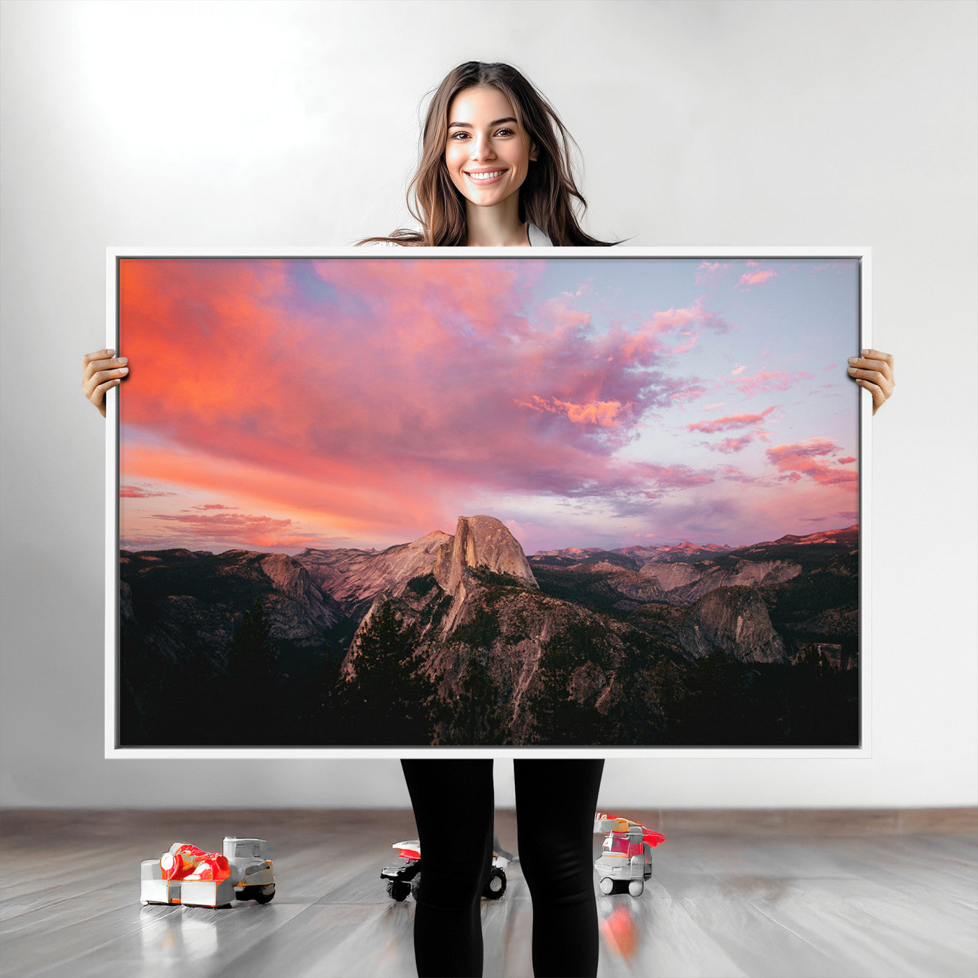 Half Dome Wall Art Canvas Print, Yosemite National Park Print, Framed Dramatic Sunset Art Print, Large Pink and Orange Sky Printing