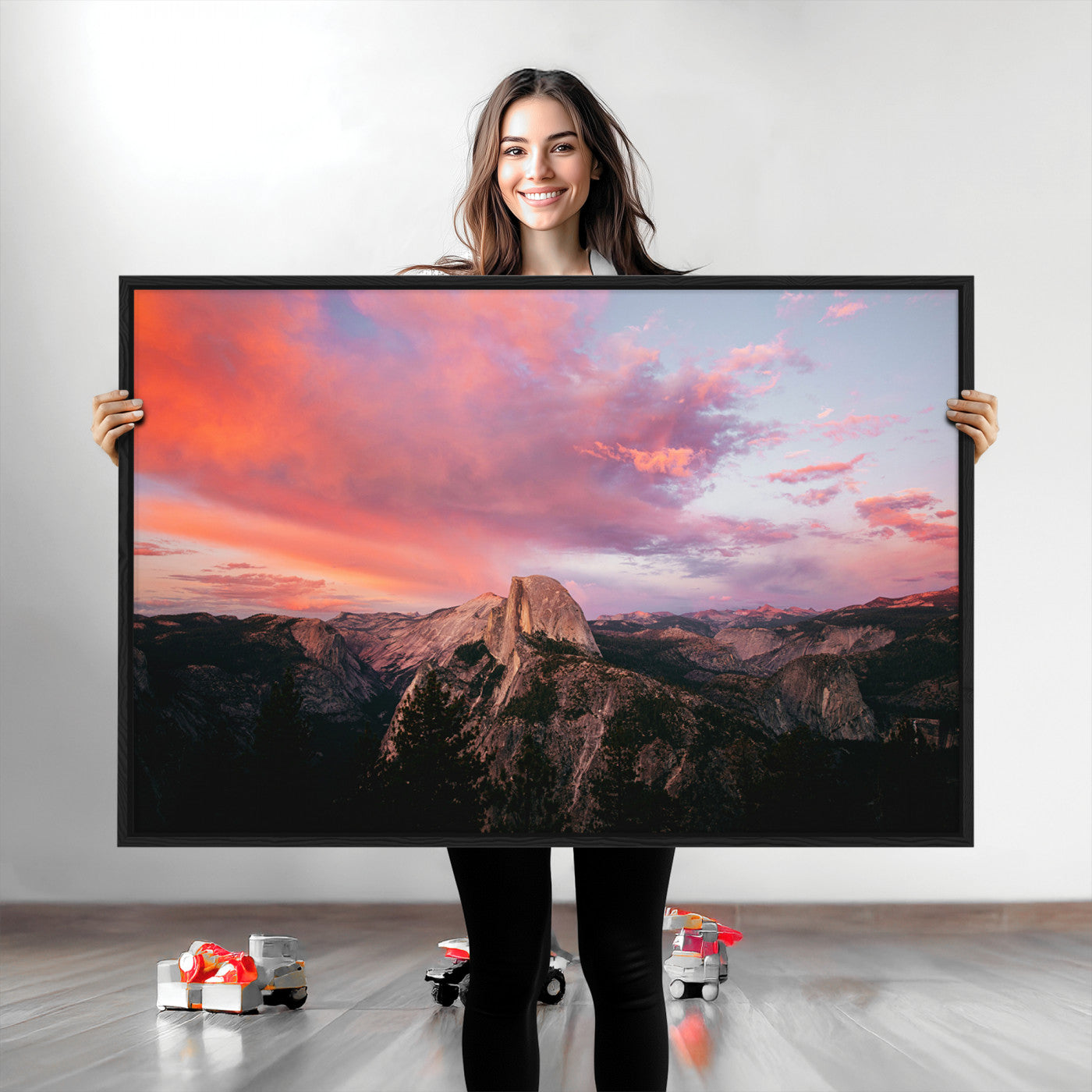 Half Dome Wall Art Canvas Print, Yosemite National Park Print, Framed Dramatic Sunset Art Print, Large Pink and Orange Sky Printing