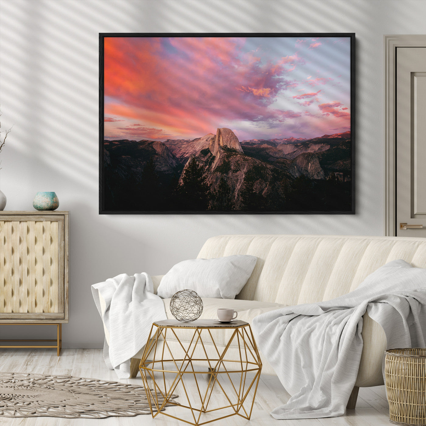 Half Dome Wall Art Canvas Print, Yosemite National Park Print, Framed Dramatic Sunset Art Print, Large Pink and Orange Sky Printing