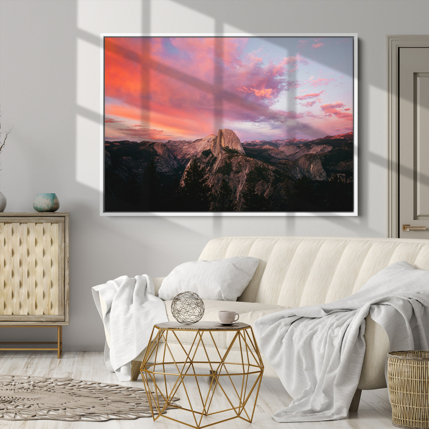 Half Dome Wall Art Canvas Print, Yosemite National Park Print, Framed Dramatic Sunset Art Print, Large Pink and Orange Sky Printing