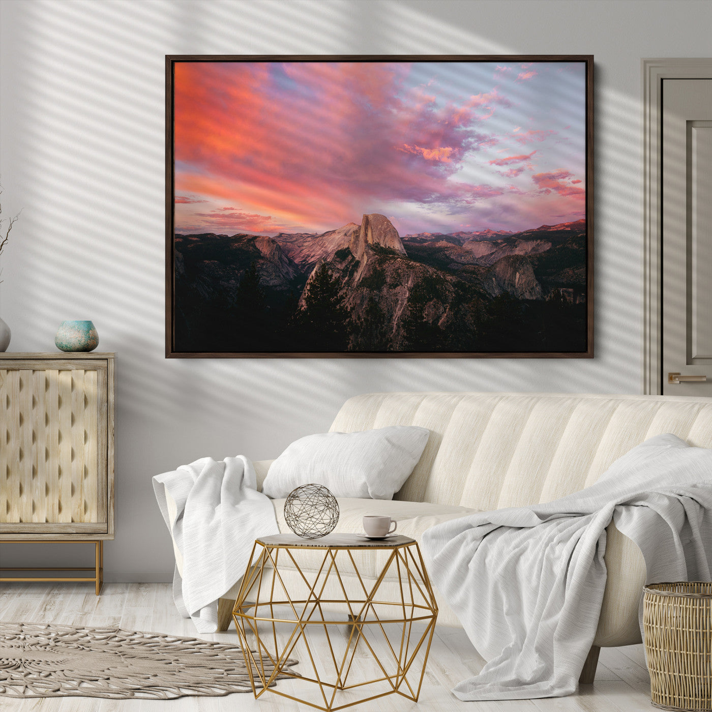 Half Dome Wall Art Canvas Print, Yosemite National Park Print, Framed Dramatic Sunset Art Print, Large Pink and Orange Sky Printing