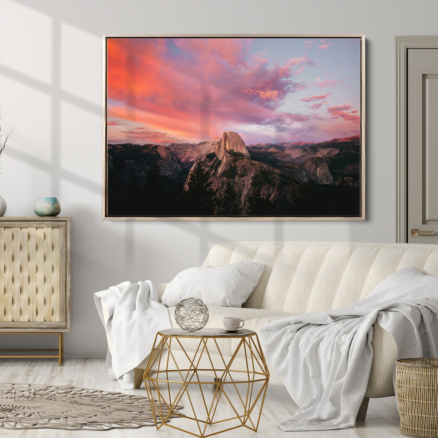 Half Dome Wall Art Canvas Print, Yosemite National Park Print, Framed Dramatic Sunset Art Print, Large Pink and Orange Sky Printing