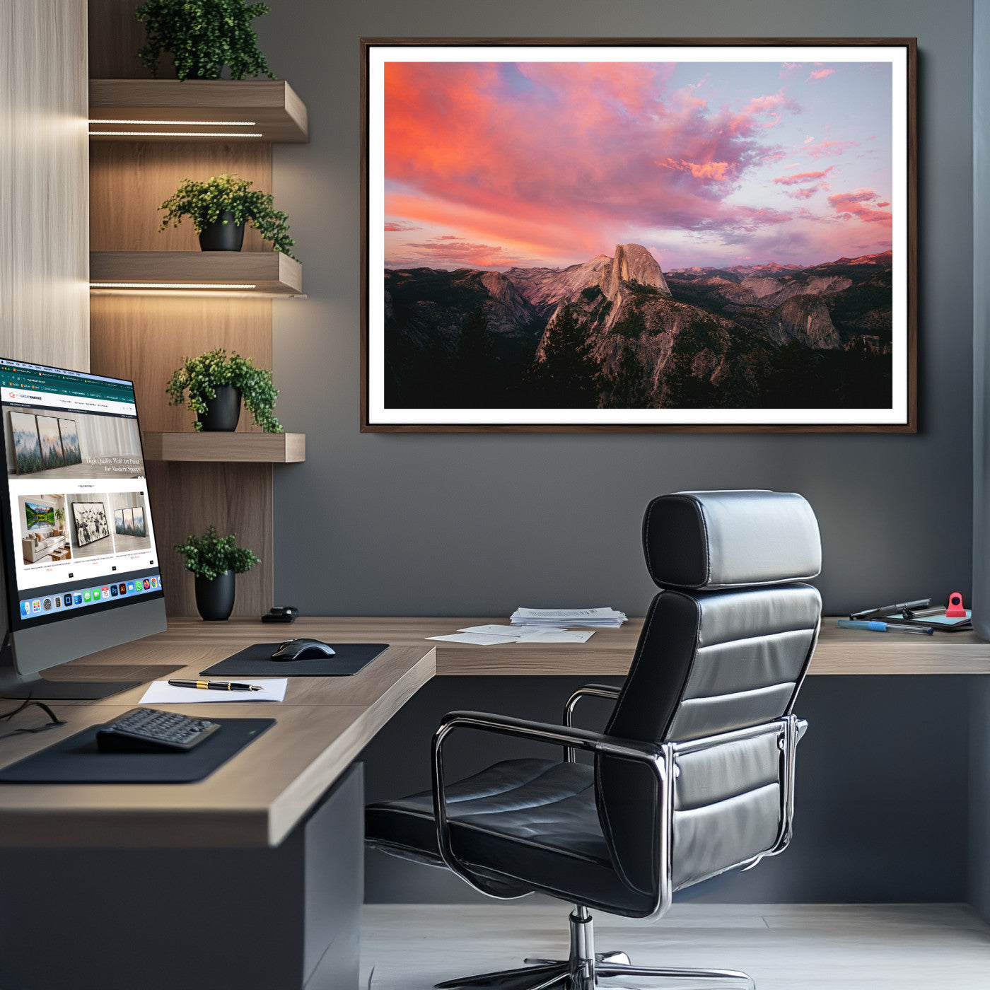 32786115-MGV-CV-36X24-Half Dome Wall Art Canvas Print, Yosemite National Park Print, Framed Dramatic Sunset Art Print, Large Pink and Orange Sky Printing